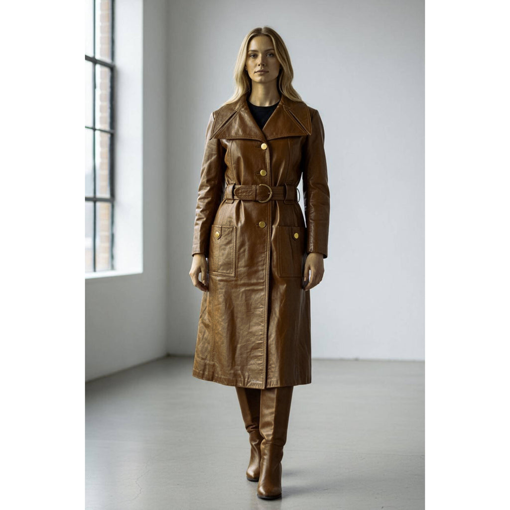 Vintage 1970s Irving Posluns brown leather coat shown on AI model for styling reference