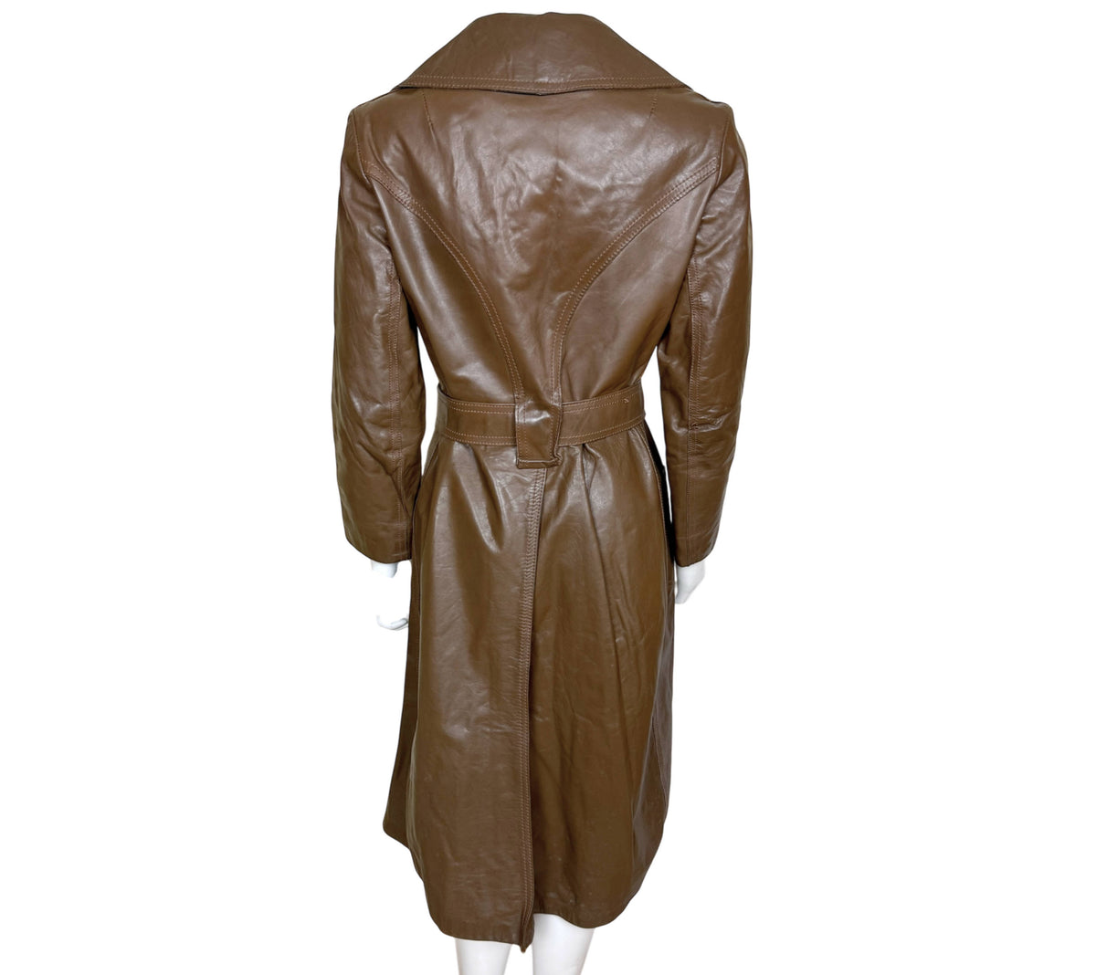 1970s Irving Posluns brown leather coat back view with belted waist