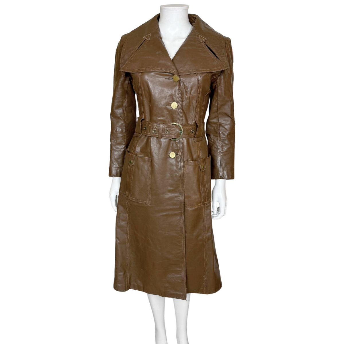 Vintage 1970s Irving Posluns brown leather belted coat front view