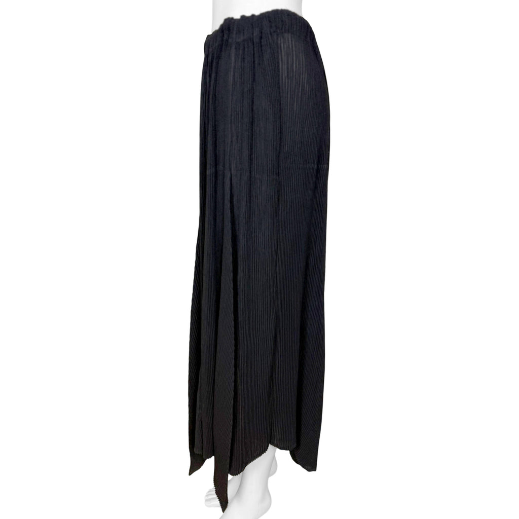 Issey Miyake vintage black pleated skirt side view showing pointed hem