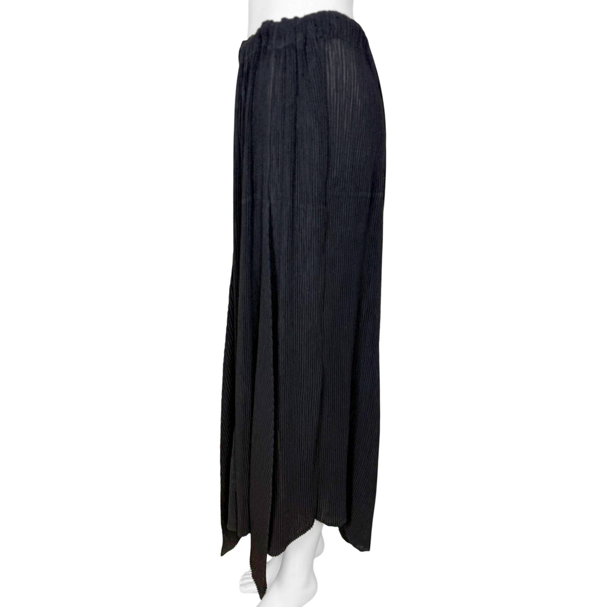 Issey Miyake vintage black pleated skirt side view showing pointed hem