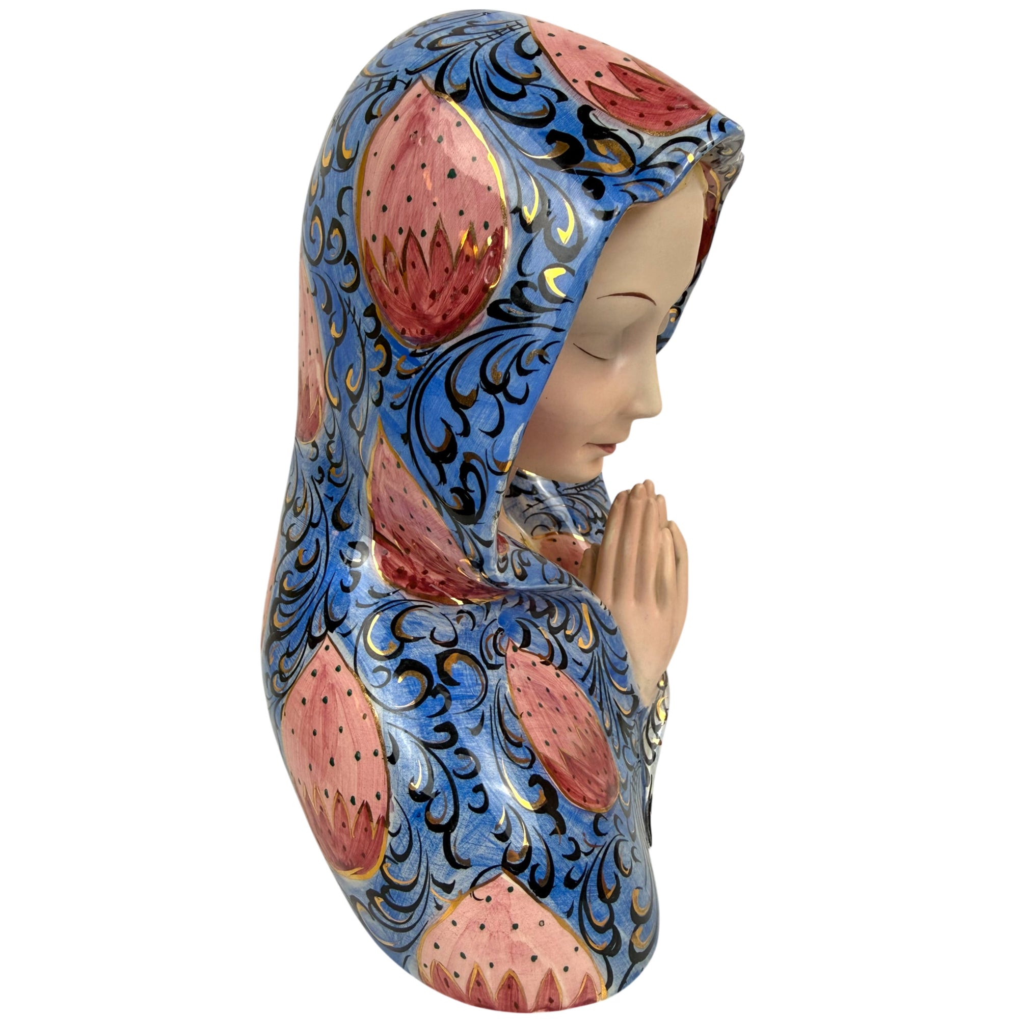 Hand painted Italian Madonna bust with blue and pink decoration