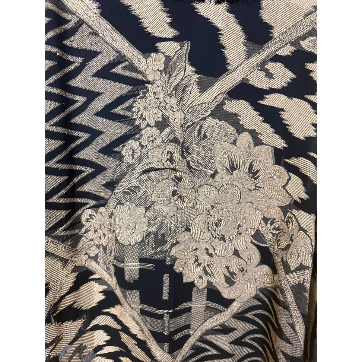 Close-up of Italian silk jacquard shawl showing intricate woven floral bouquets, zigzag patterns and diagonal geometric bands