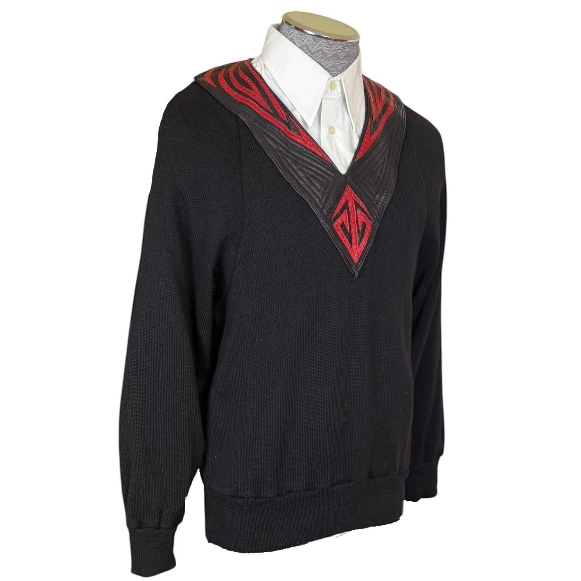 1980s Vintage Izzy Camilleri Sweater Black Wool w Leather L