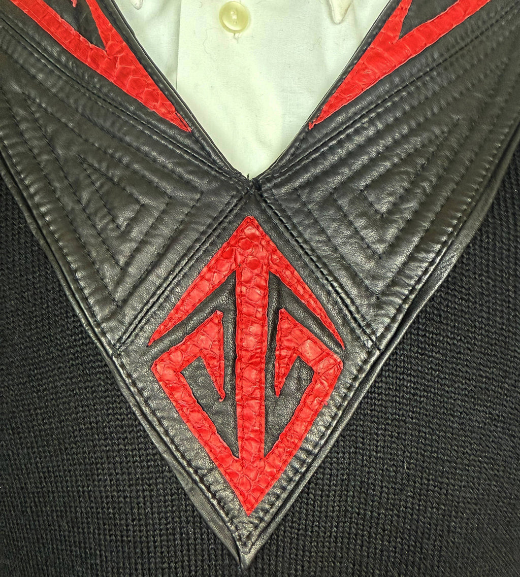 1980s Vintage Izzy Camilleri Sweater Black Wool w Leather L