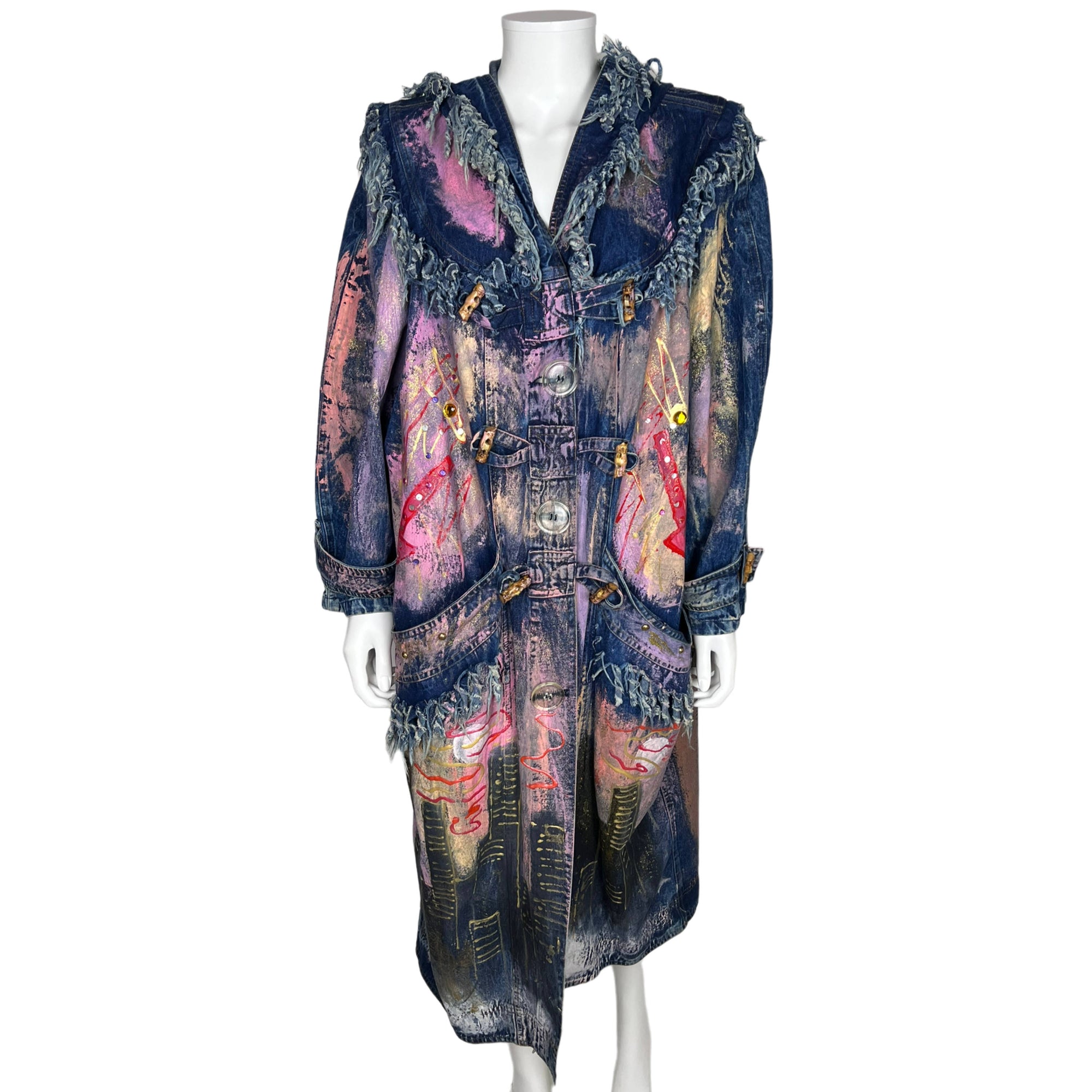 1980s Vintage Hand Painted Denim Coat City Night Skyline M