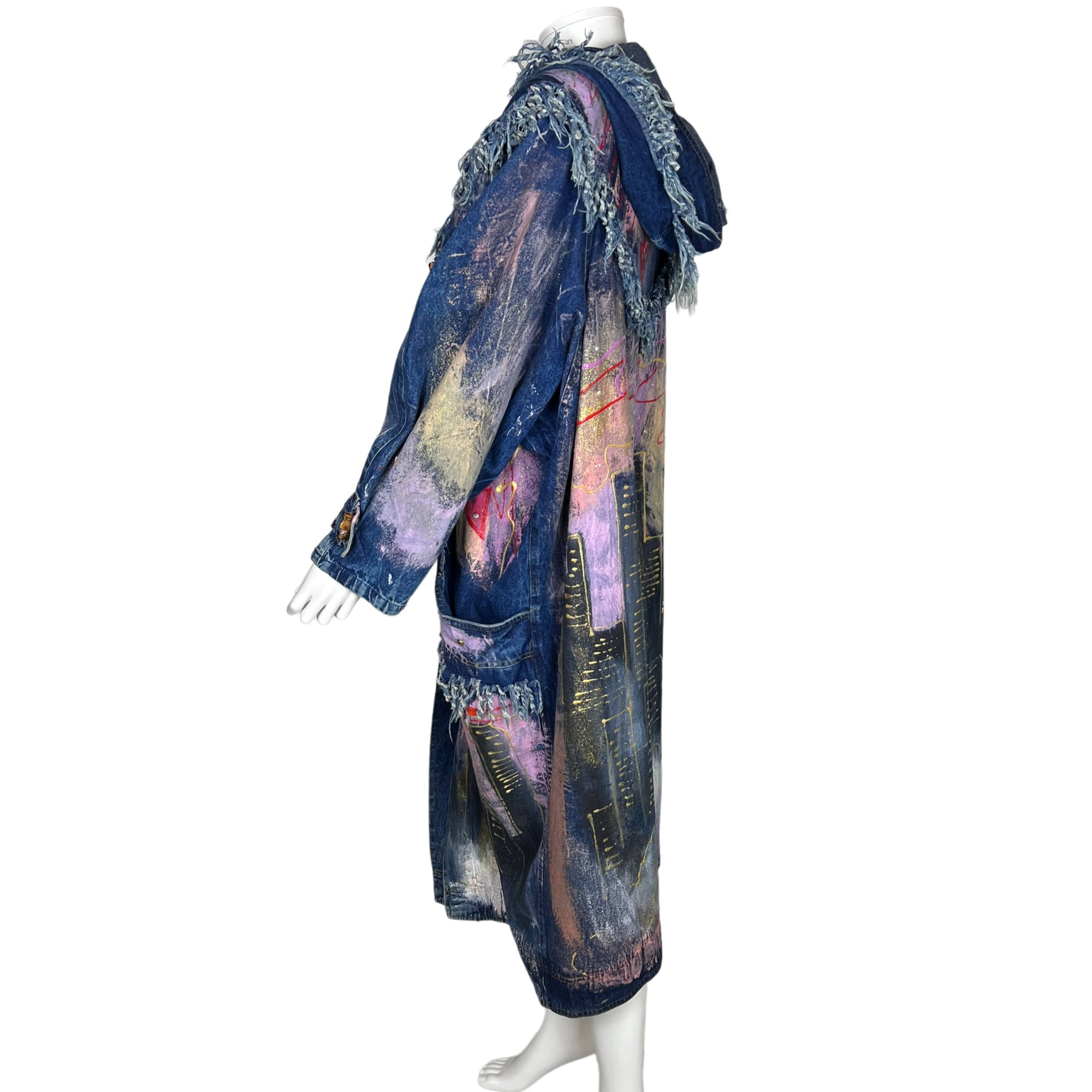 1980s Vintage Hand Painted Denim Coat City Night Skyline M