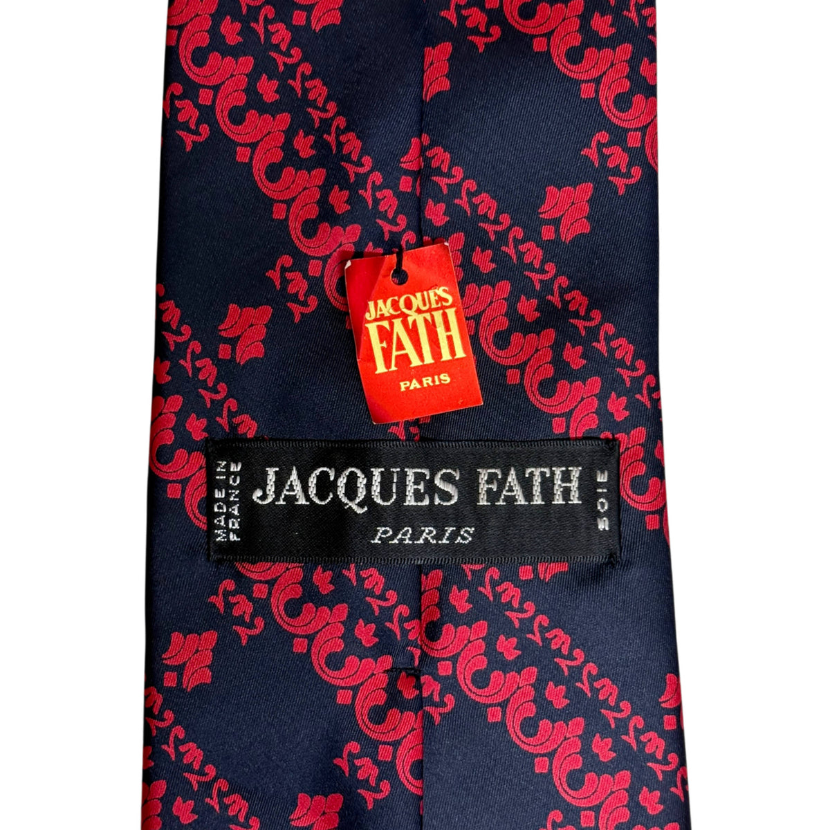 Original Jacques Fath Paris woven designer label and red paper hang tag on vintage French silk necktie
