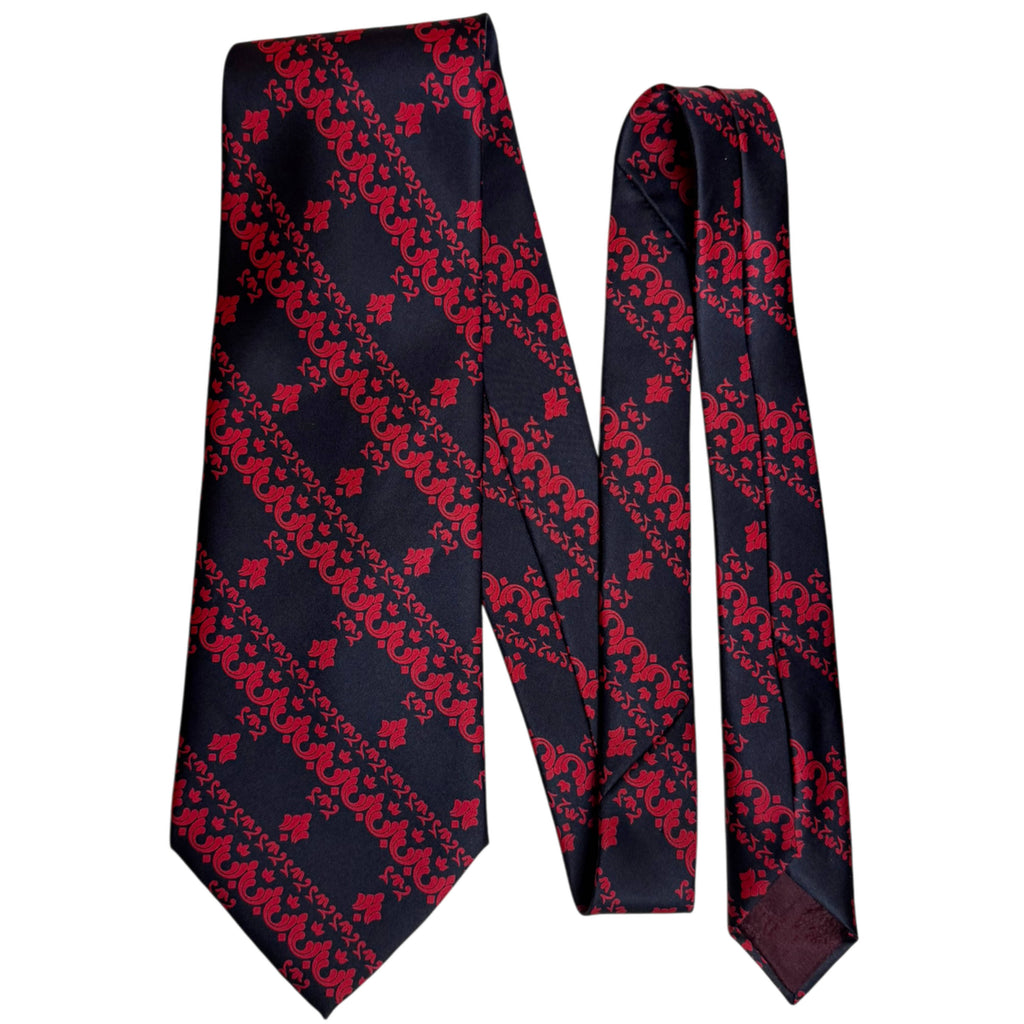 Vintage Jacques Fath Paris silk necktie in deep navy blue-black with red diagonal floral pattern, made in France