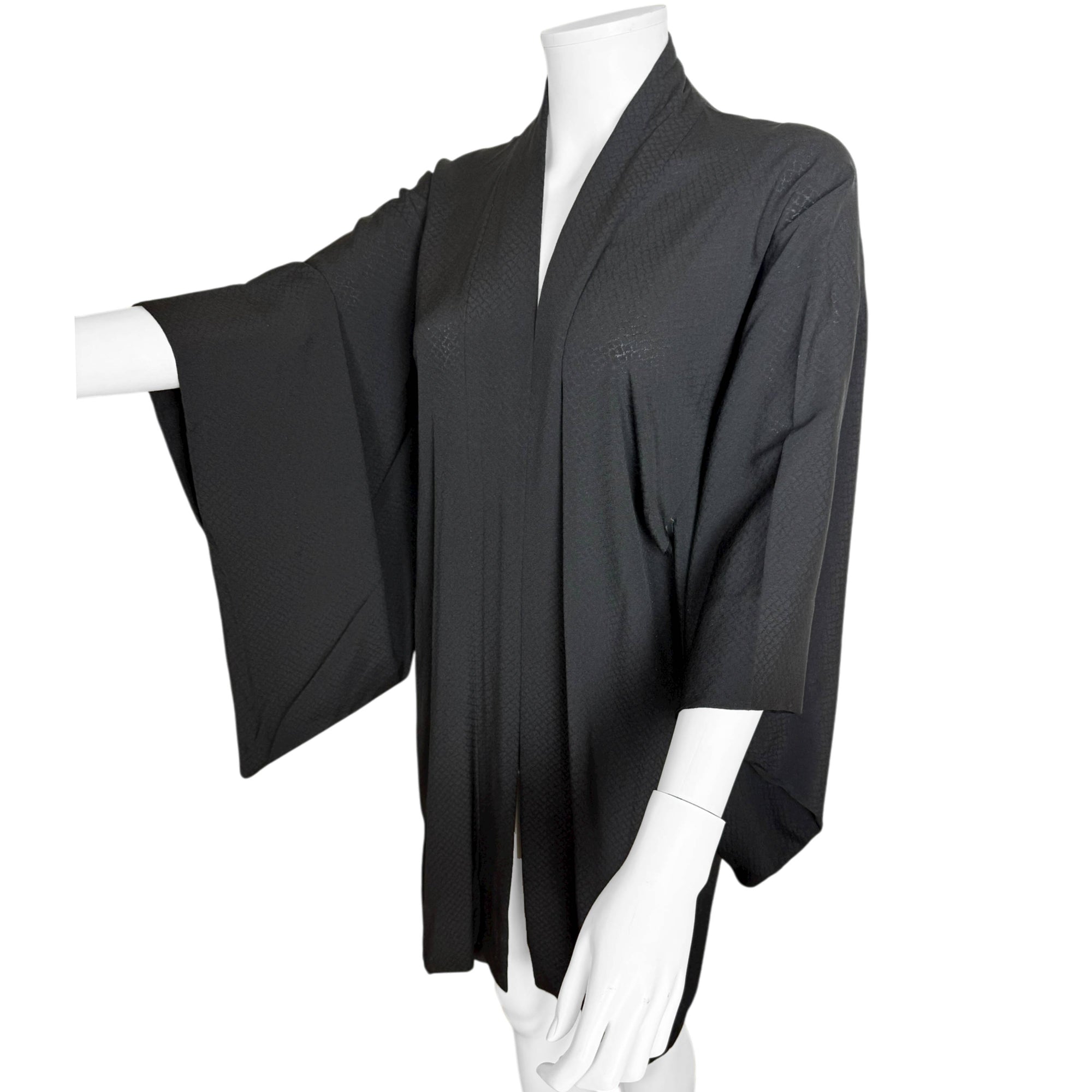 Vintage Japanese Black Silk Haori Jacket with Woven Mon