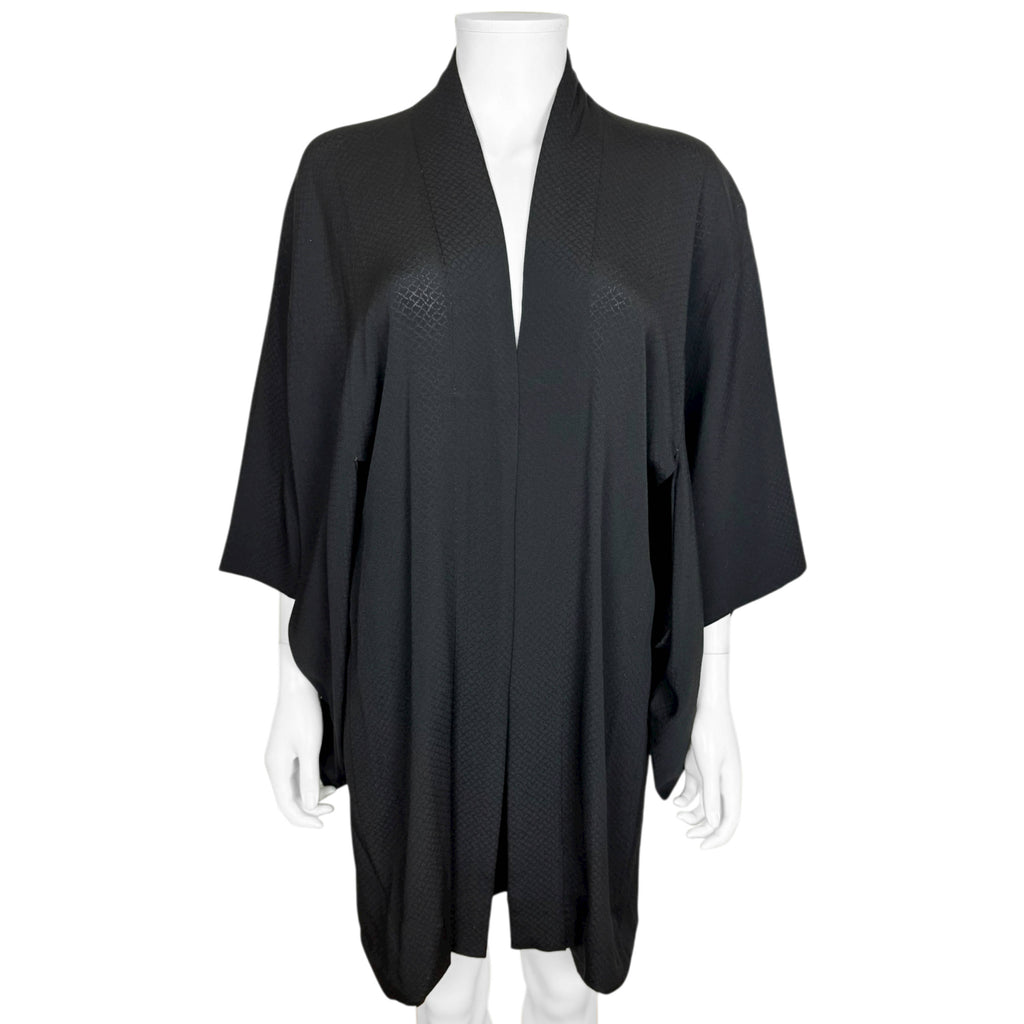 Vintage Japanese Black Silk Haori Jacket with Woven Mon