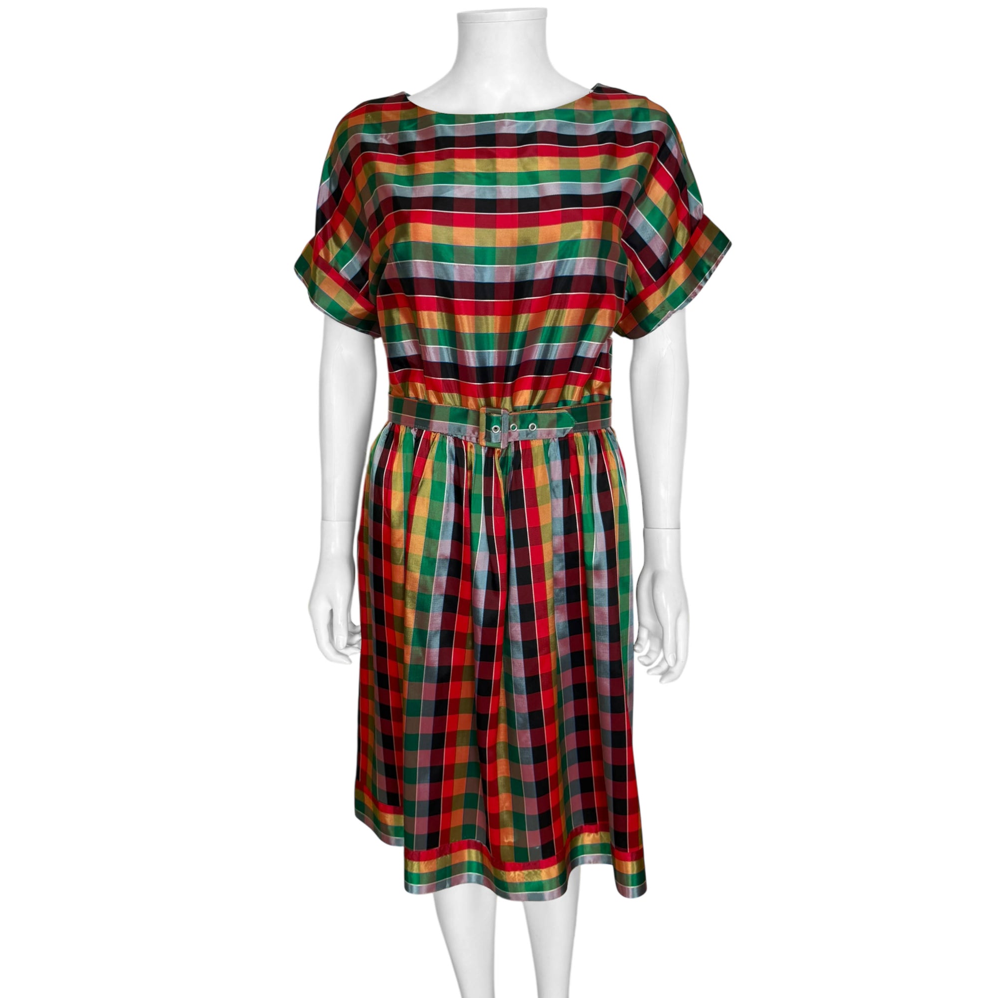 Vintage 1970s plaid acetate taffeta dress by Je T’aime Encore with matching belt