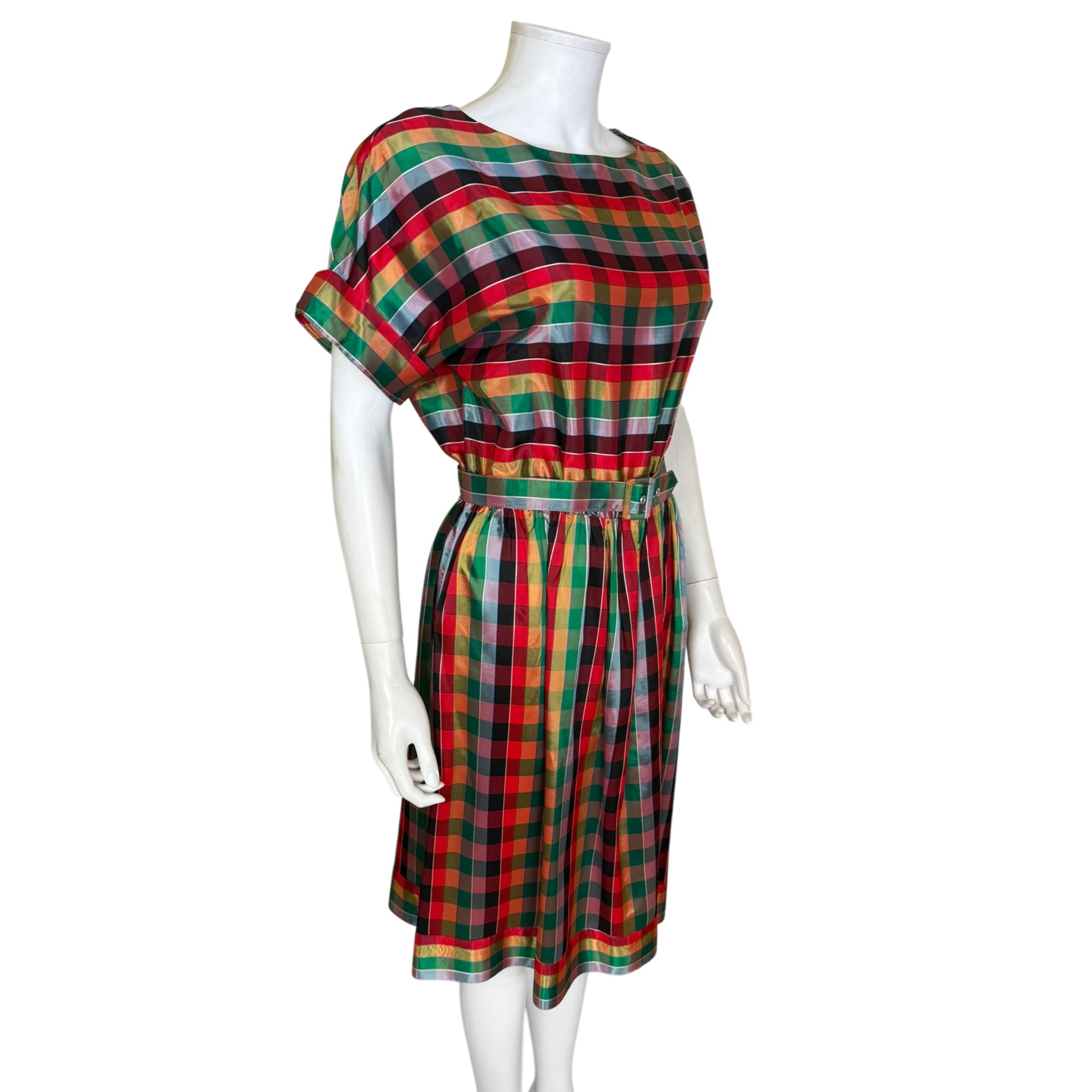Colourful jewel tone vintage dress with glossy plaid fabric and dolman sleeves