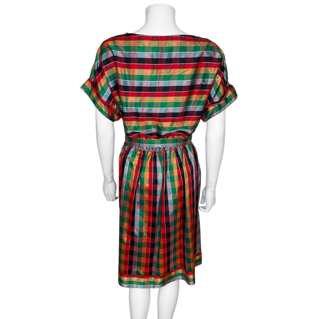 Back view of vintage acetate plaid dress with belted waist