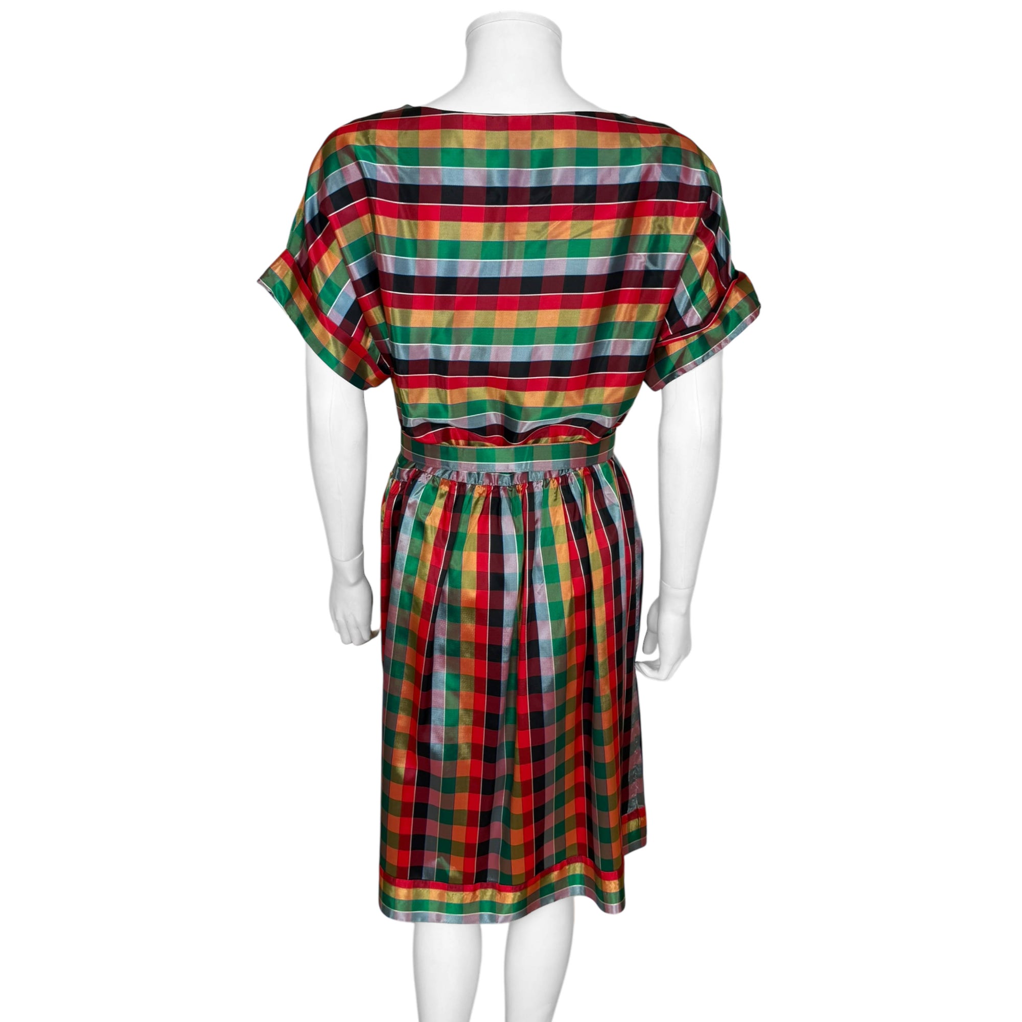 Back view of vintage acetate plaid dress with belted waist