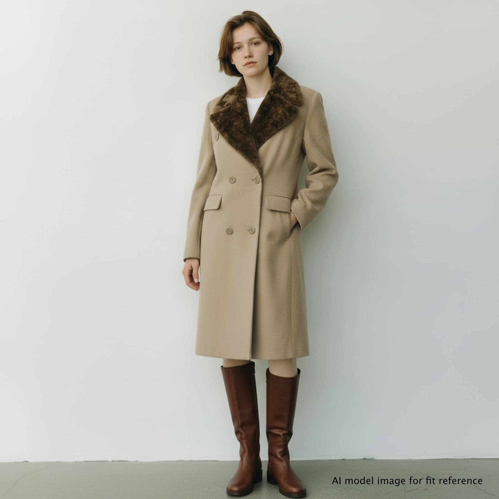 AI model wearing vintage 1990s Jean Claude Poitras Wool Coat Qui M'aime Me Suive