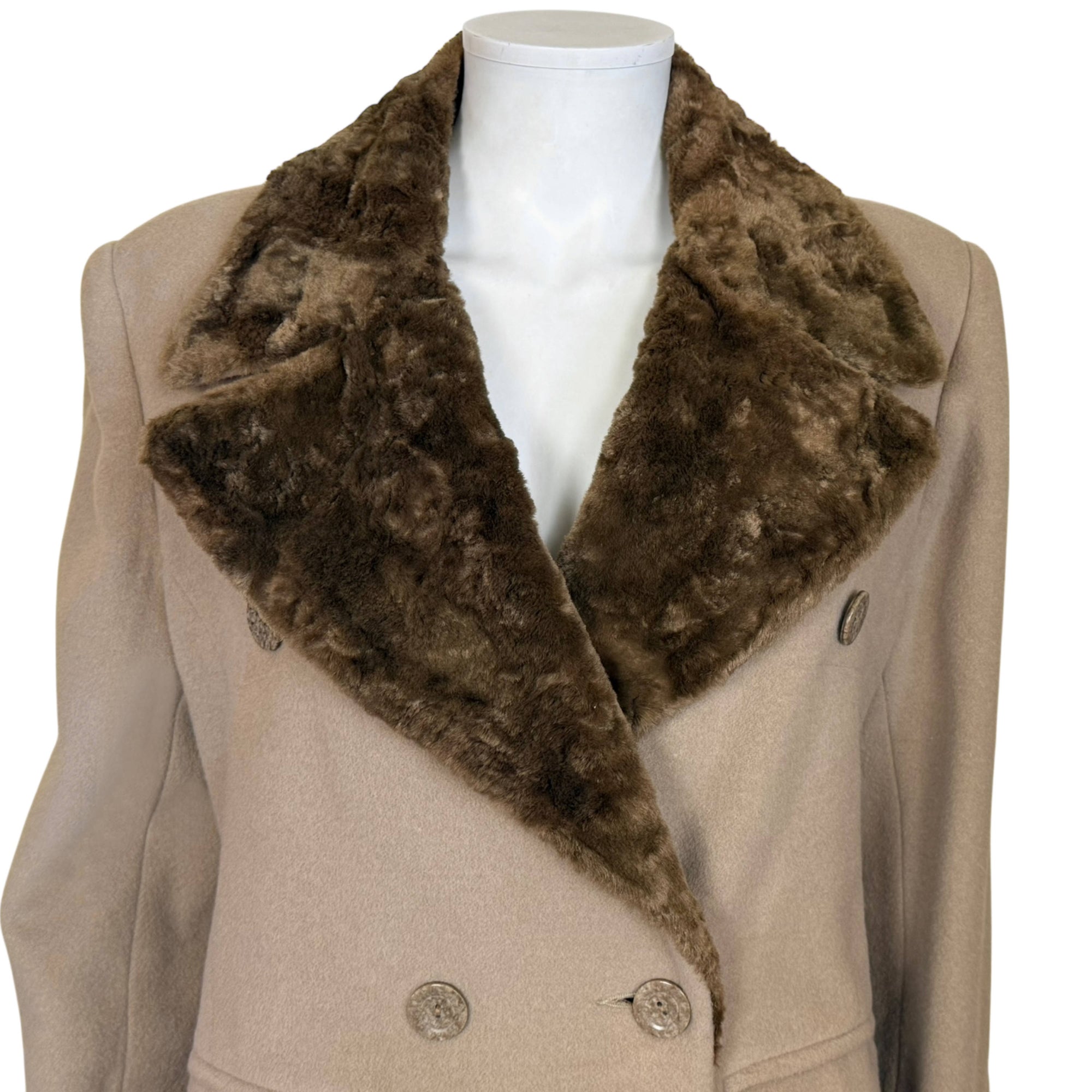 Close-up detail of Vintage 1990s Jean Claude Poitras Wool Coat Qui M'aime Me Suive