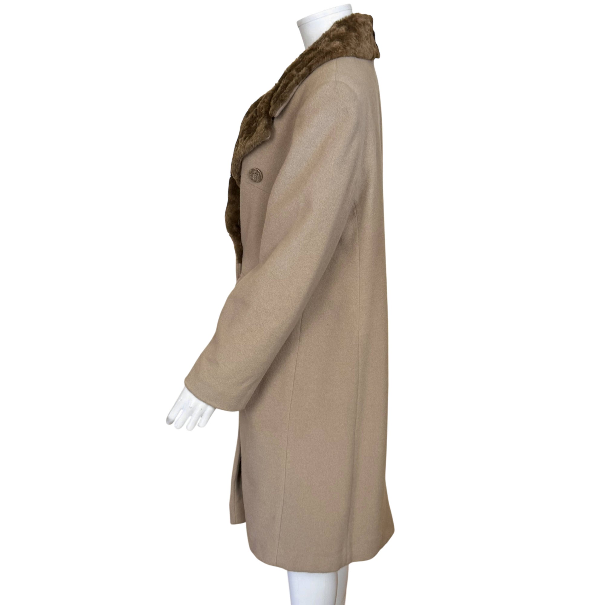 Side view of Vintage 1990s Jean Claude Poitras Wool Coat Qui M'aime Me Suive