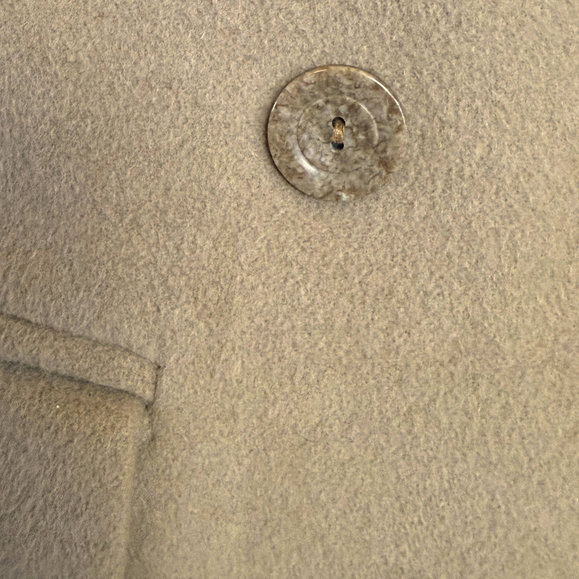 Button detail on Vintage 1990s Jean Claude Poitras Wool Coat Qui M'aime Me Suive