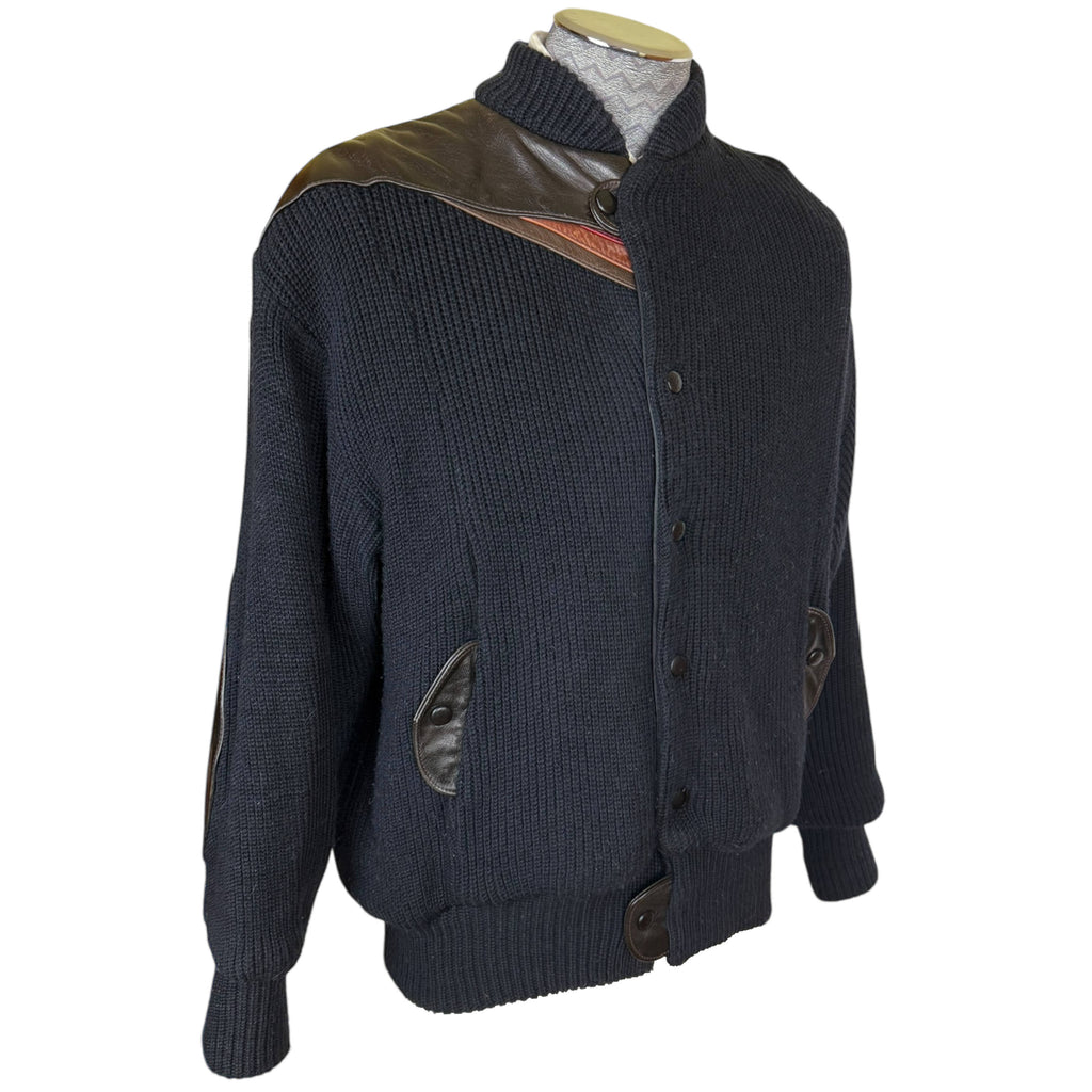Vintage 1980s Knit Bomber Jacket with Leather Trim Size L