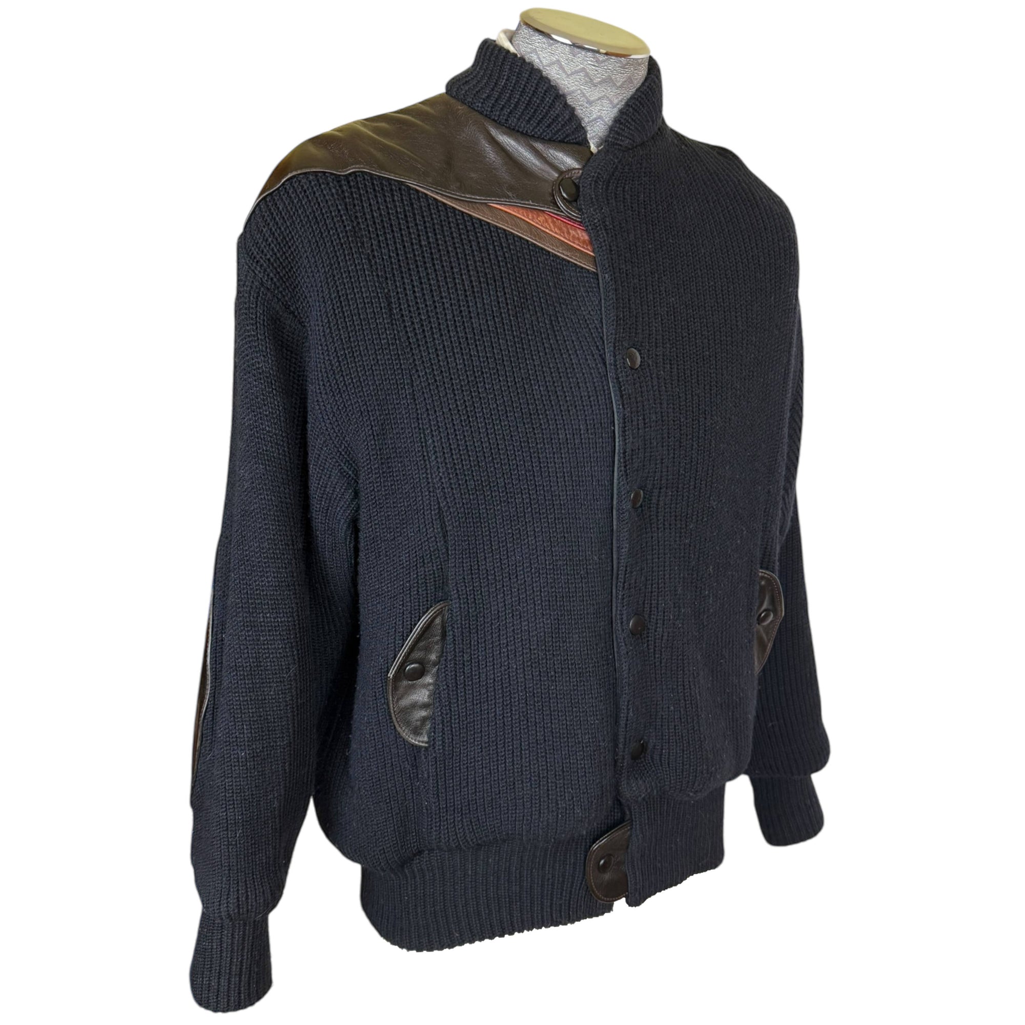 Vintage 1980s Knit Bomber Jacket with Leather Trim Size L