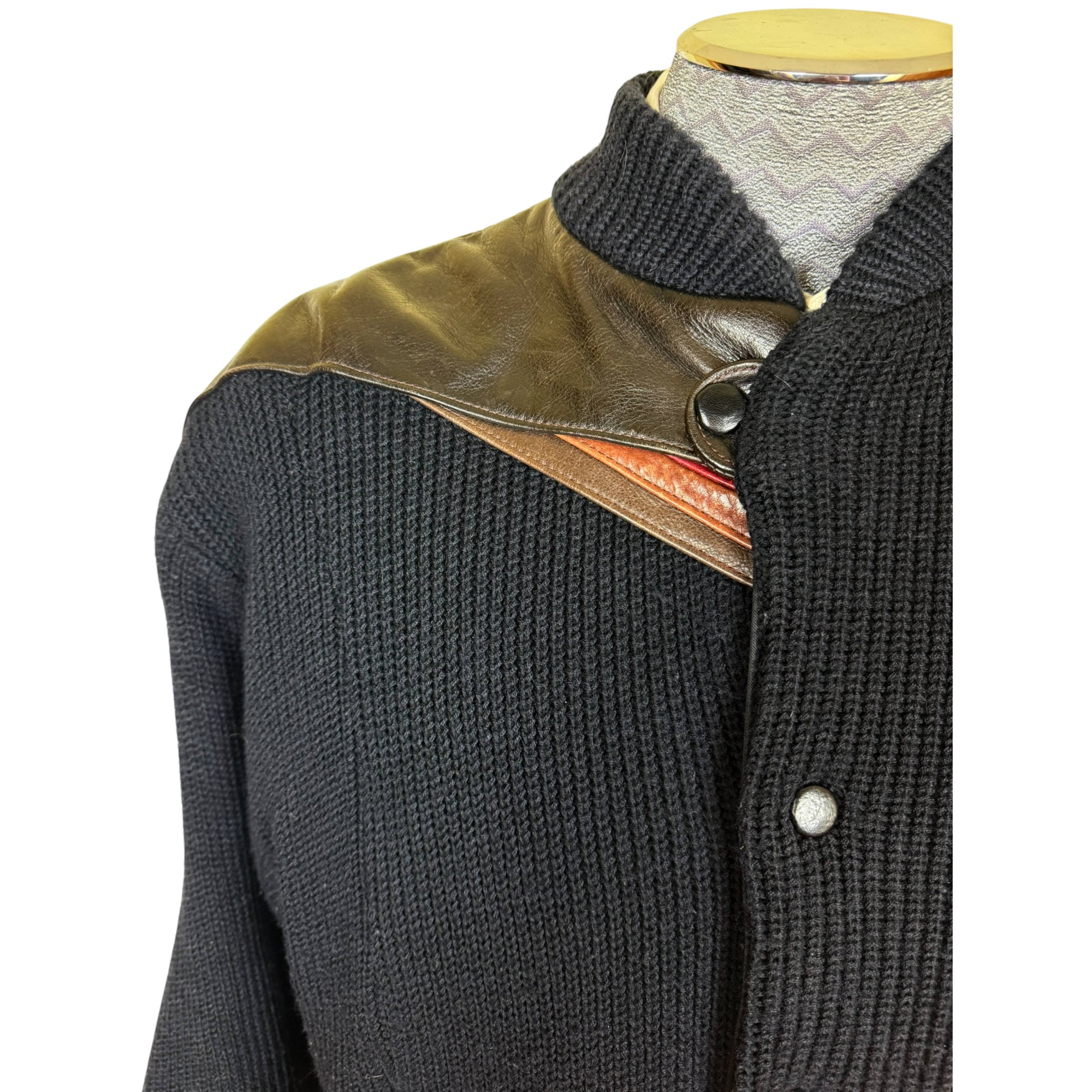 Vintage 1980s Knit Bomber Jacket with Leather Trim Size L