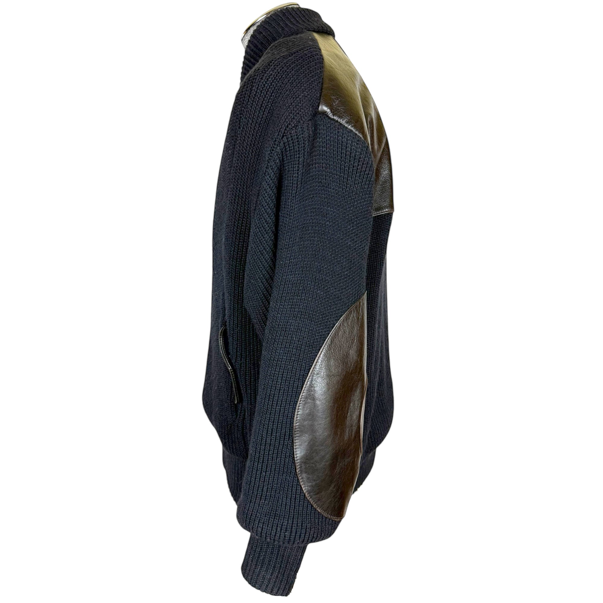 Vintage 1980s Knit Bomber Jacket with Leather Trim Size L