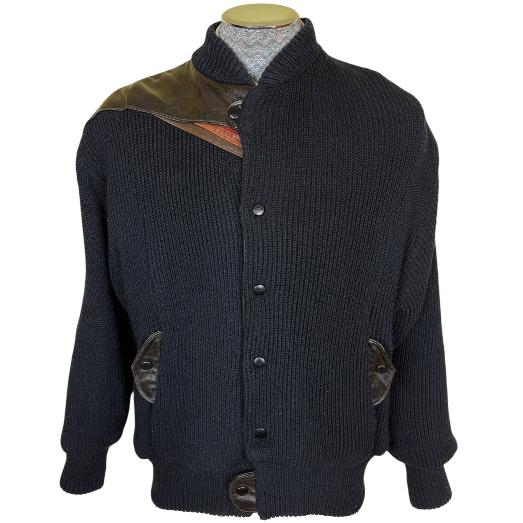 Vintage 1980s Knit Bomber Jacket with Leather Trim Size L