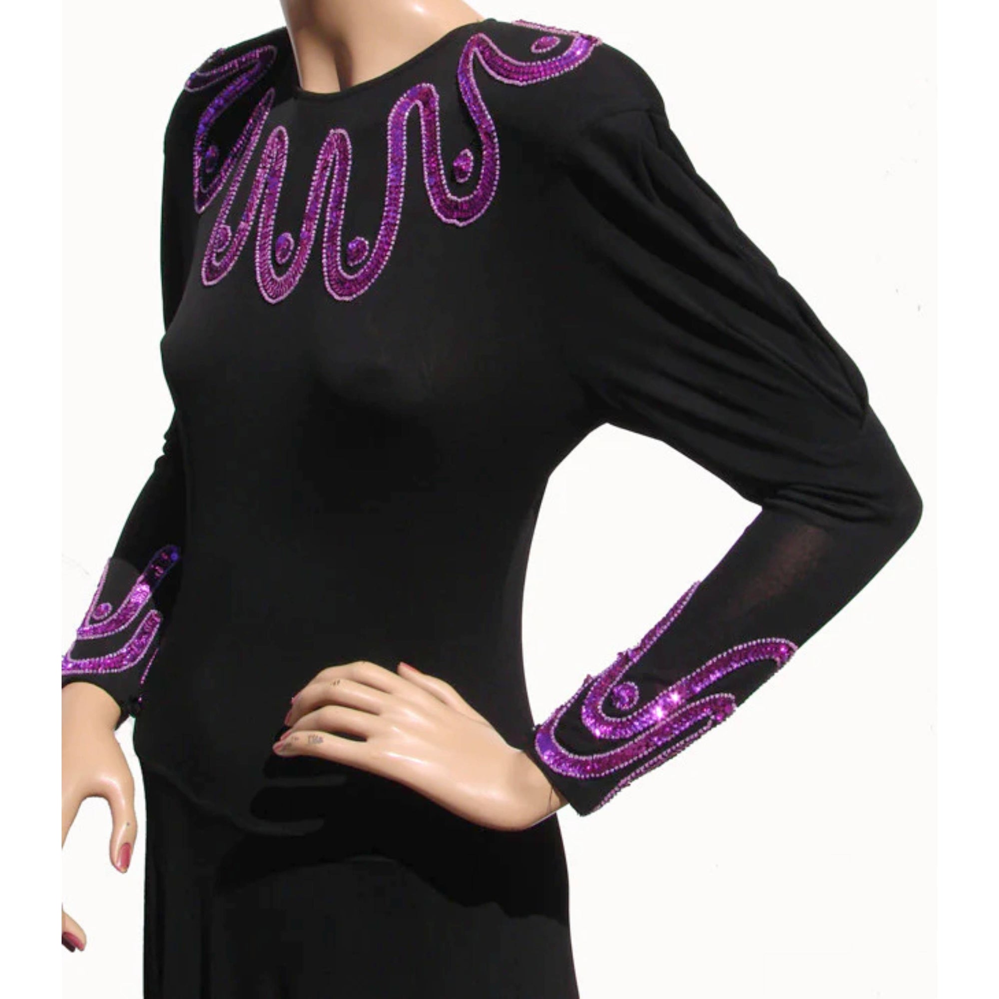 Vintage Jean Muir Dress - Black Rayon Jersey w Pink Sequins
