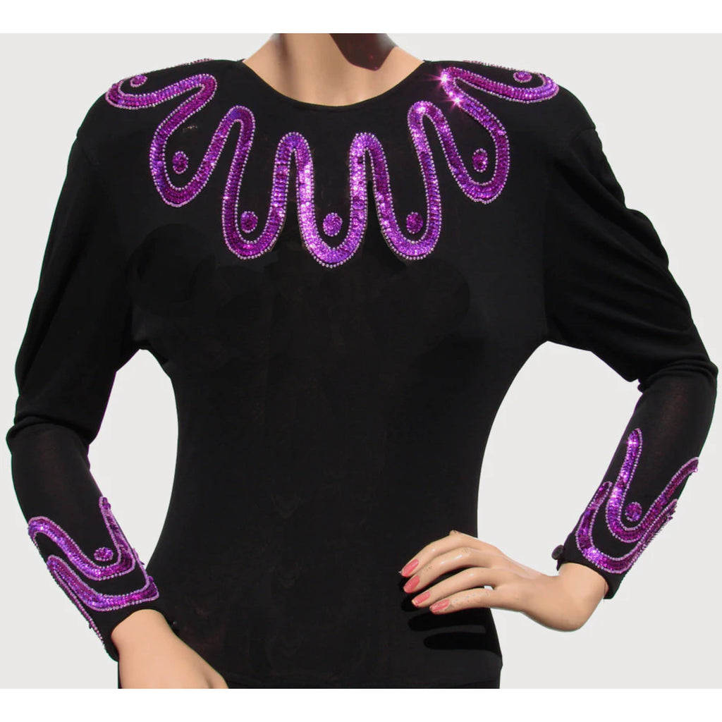 Vintage Jean Muir Dress - Black Rayon Jersey w Pink Sequins