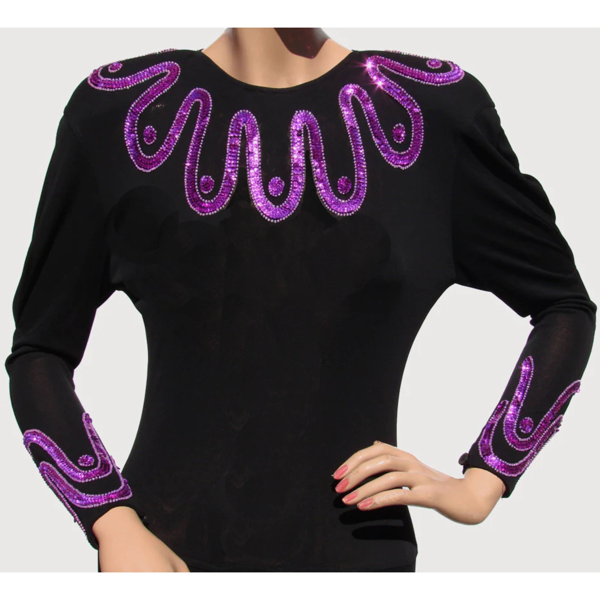 Vintage Jean Muir Dress - Black Rayon Jersey w Pink Sequins