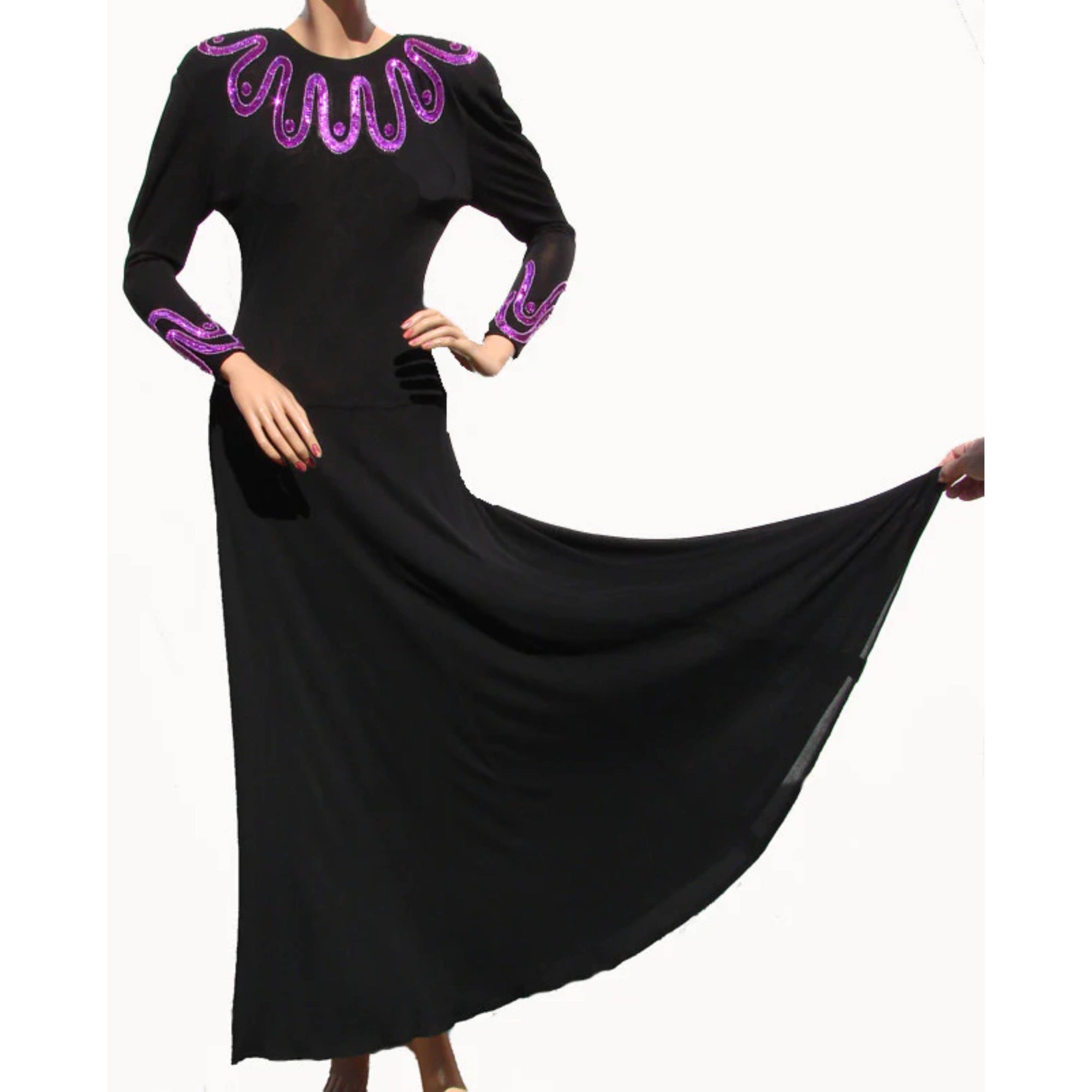 Vintage Jean Muir Dress - Black Rayon Jersey w Pink Sequins