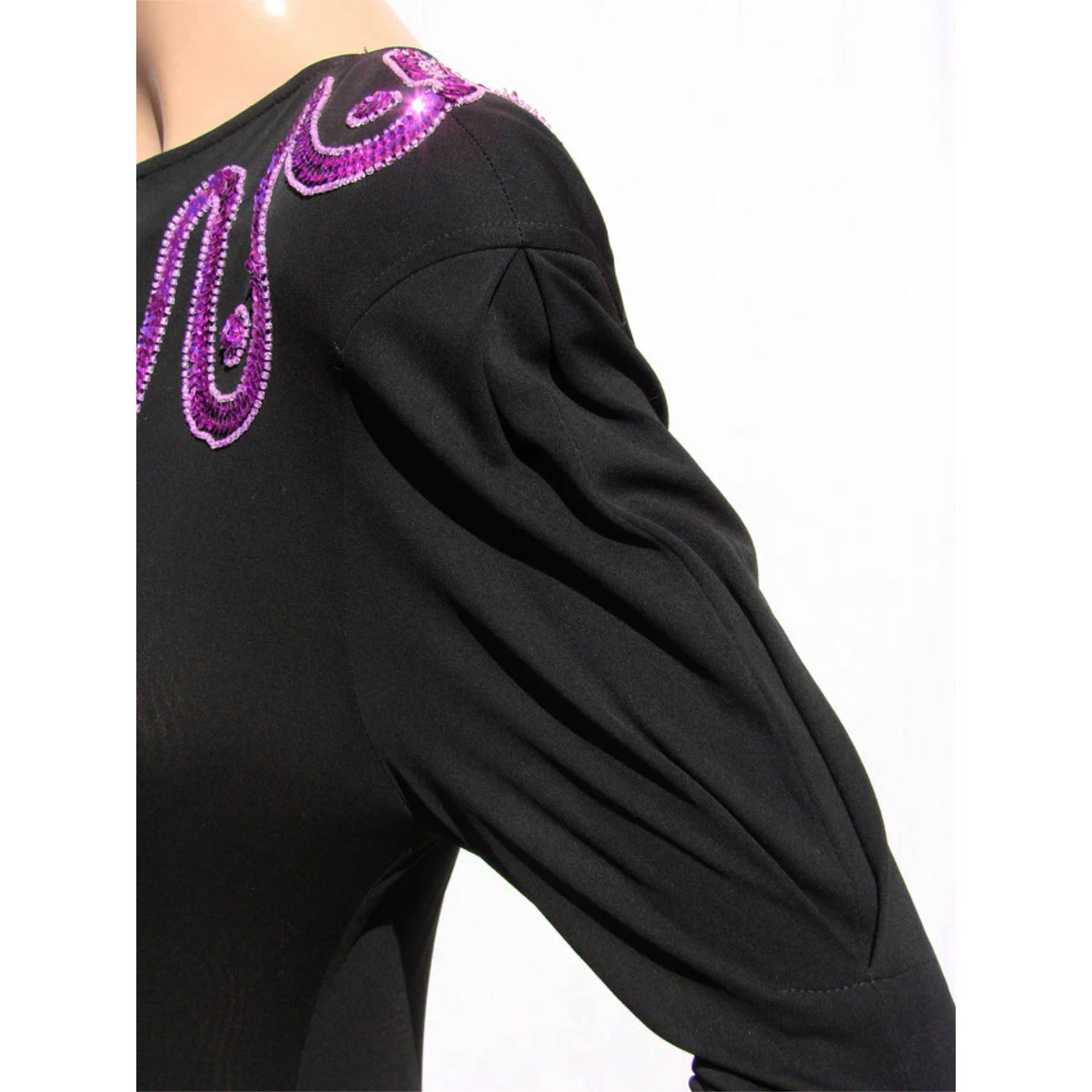 Vintage Jean Muir Dress - Black Rayon Jersey w Pink Sequins