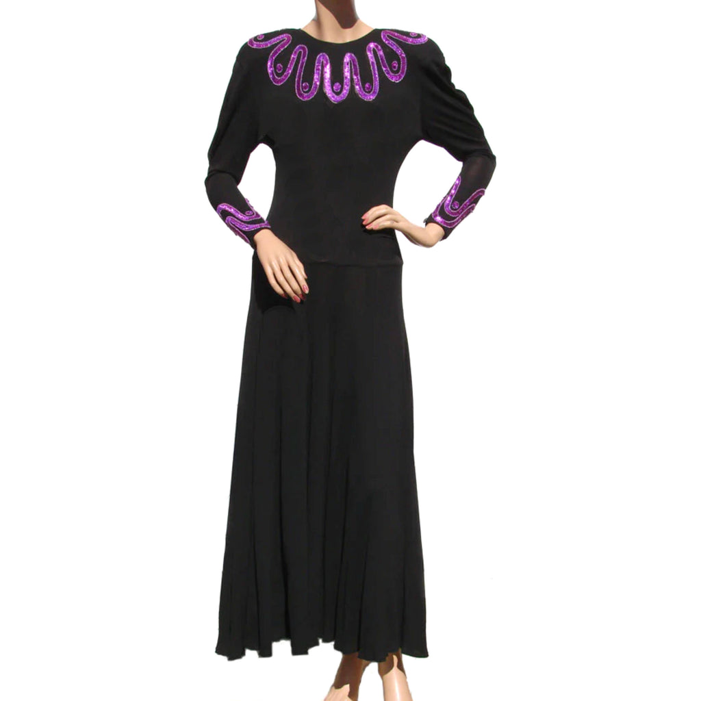 Vintage Jean Muir Dress - Black Rayon Jersey w Pink Sequins