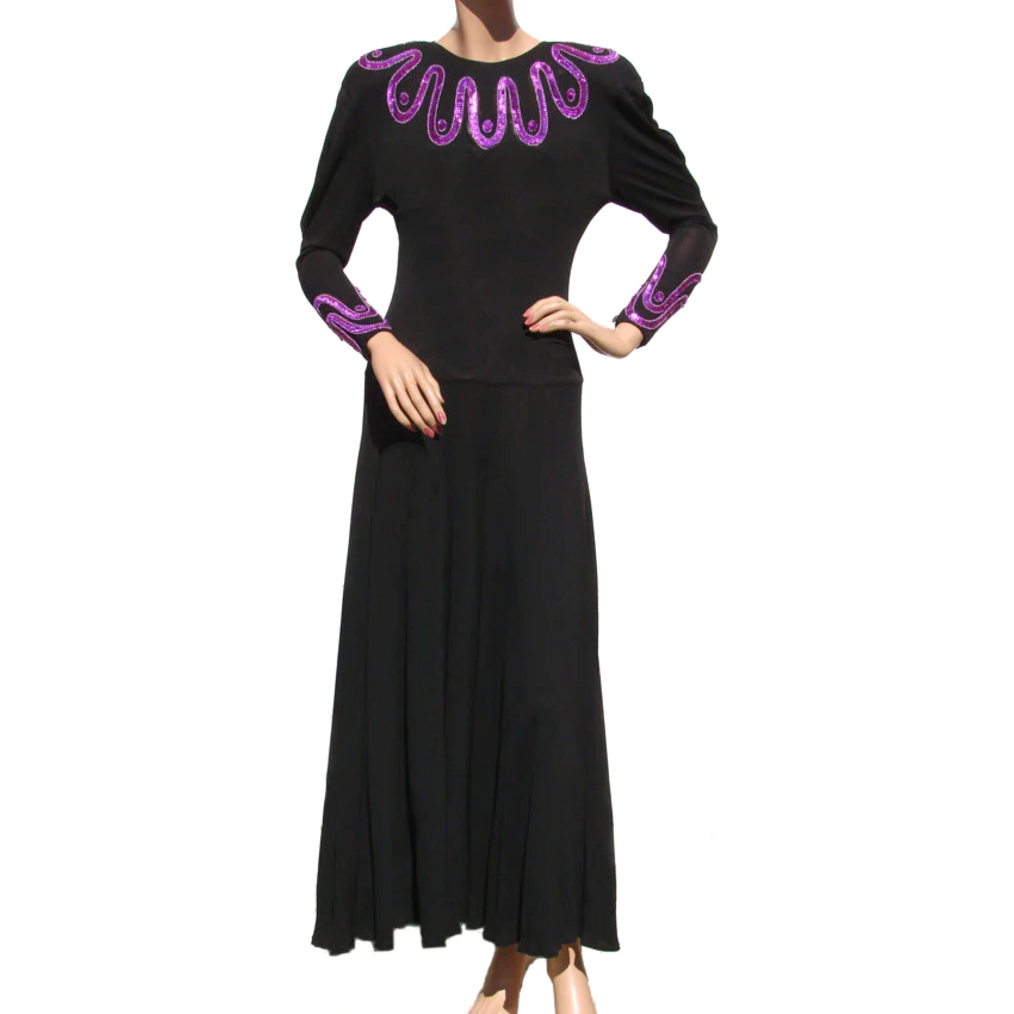 Vintage Jean Muir Dress - Black Rayon Jersey w Pink Sequins