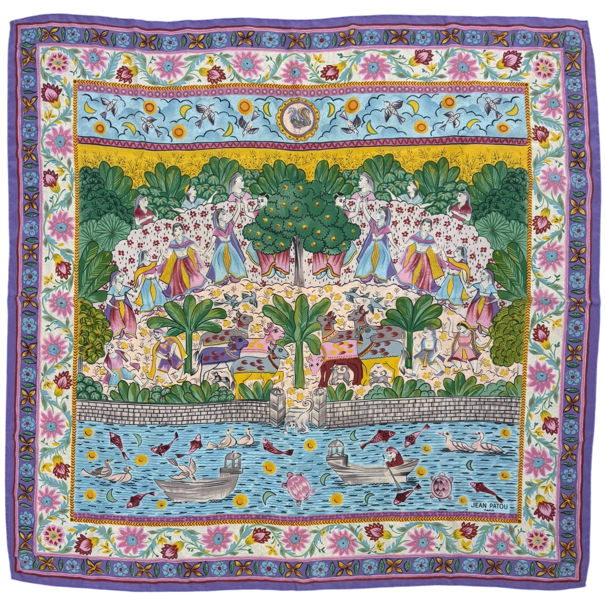 Jean Patou silk scarf Indian garden scene full view