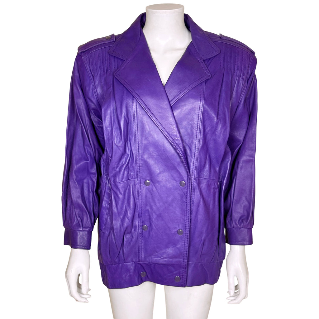 Vintage 1980s Création Jez Montréal purple leather blouson jacket front view with double-breasted snap closure