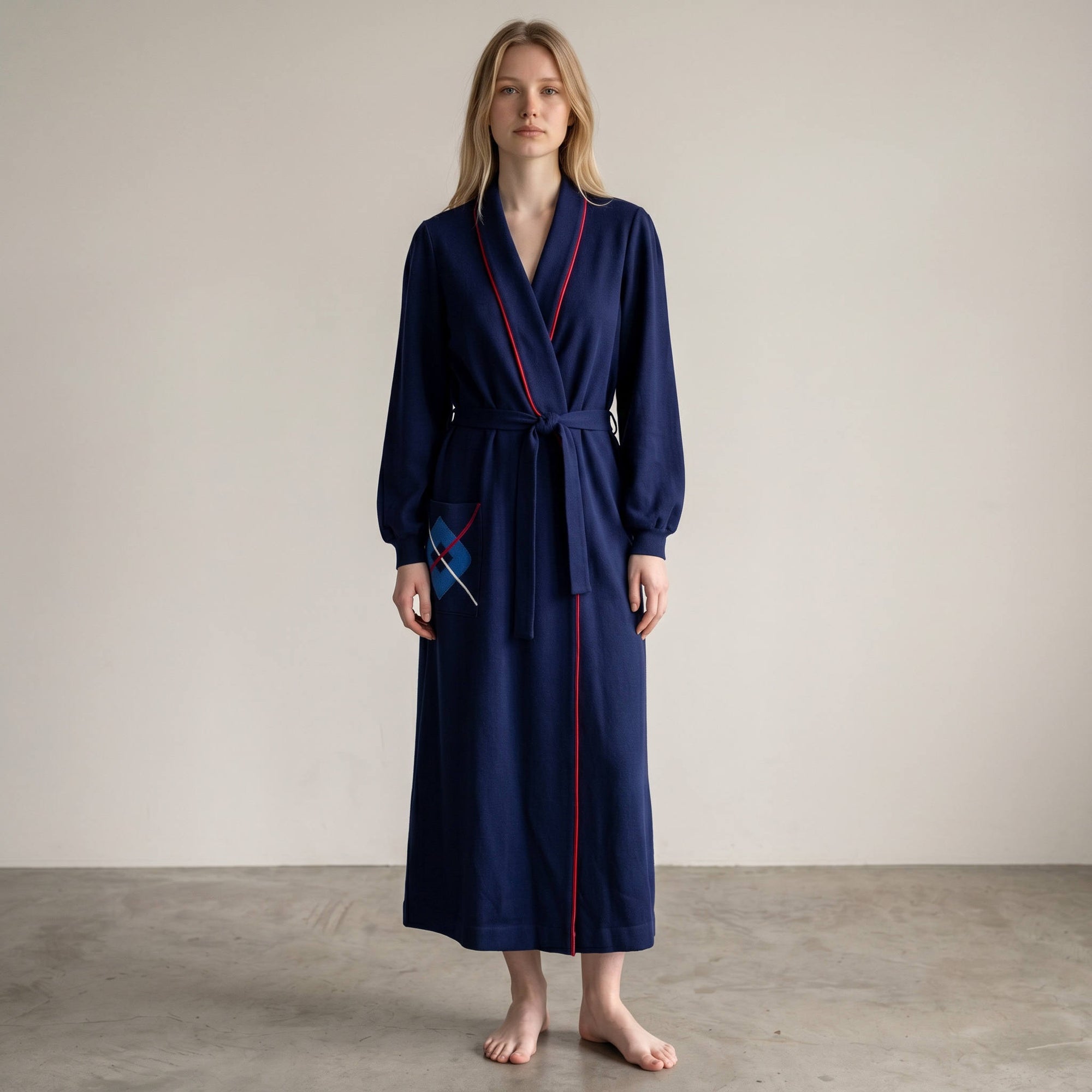 Vintage Navy Blue Dressing Gown Belted Lounge Robe Geometric Pocket Italy Vintage Navy Blue Dressing Gown Belted Lounge Robe Geometric Pocket Italy