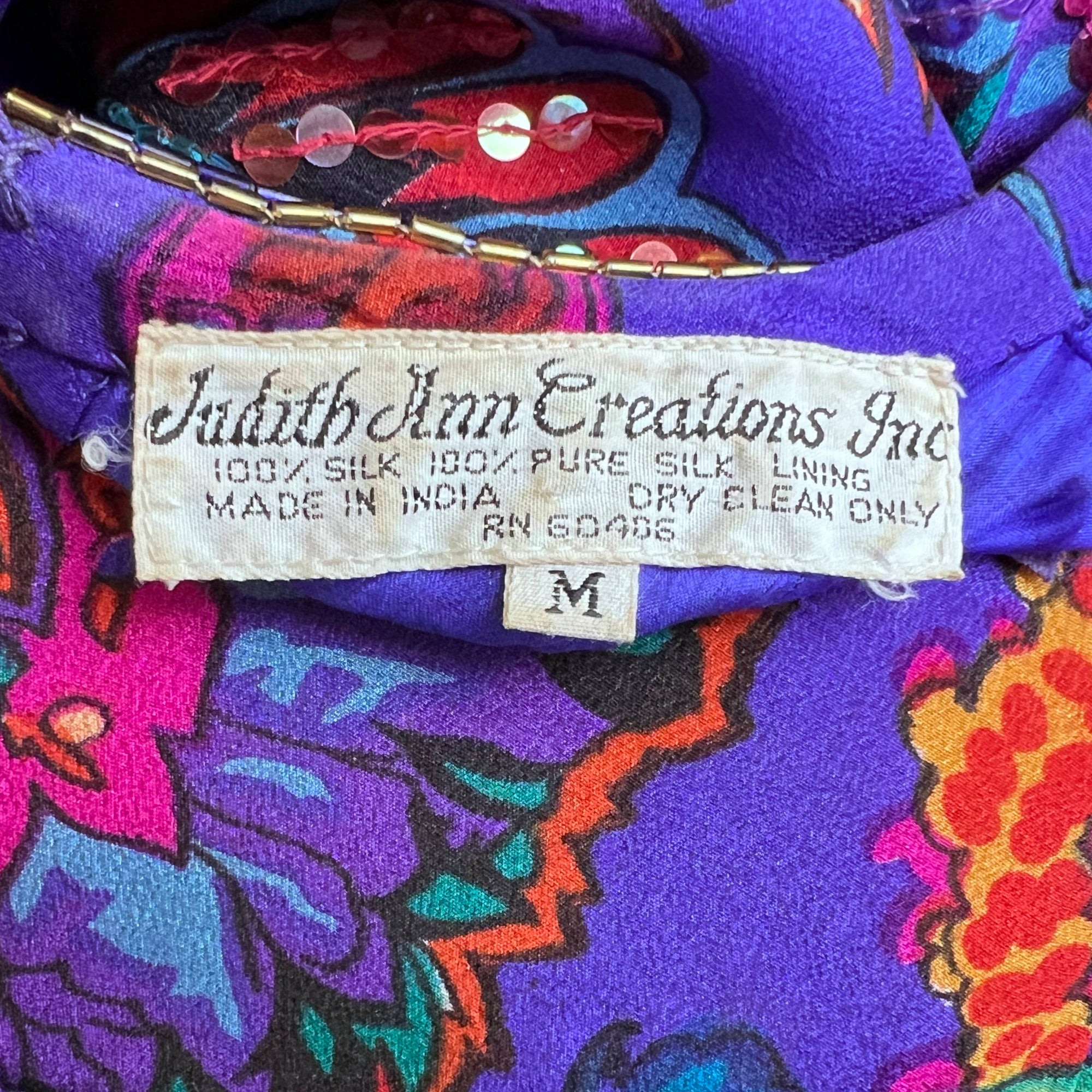 1980s Vintage Judith Ann Creations Dress Indian Silk Size M