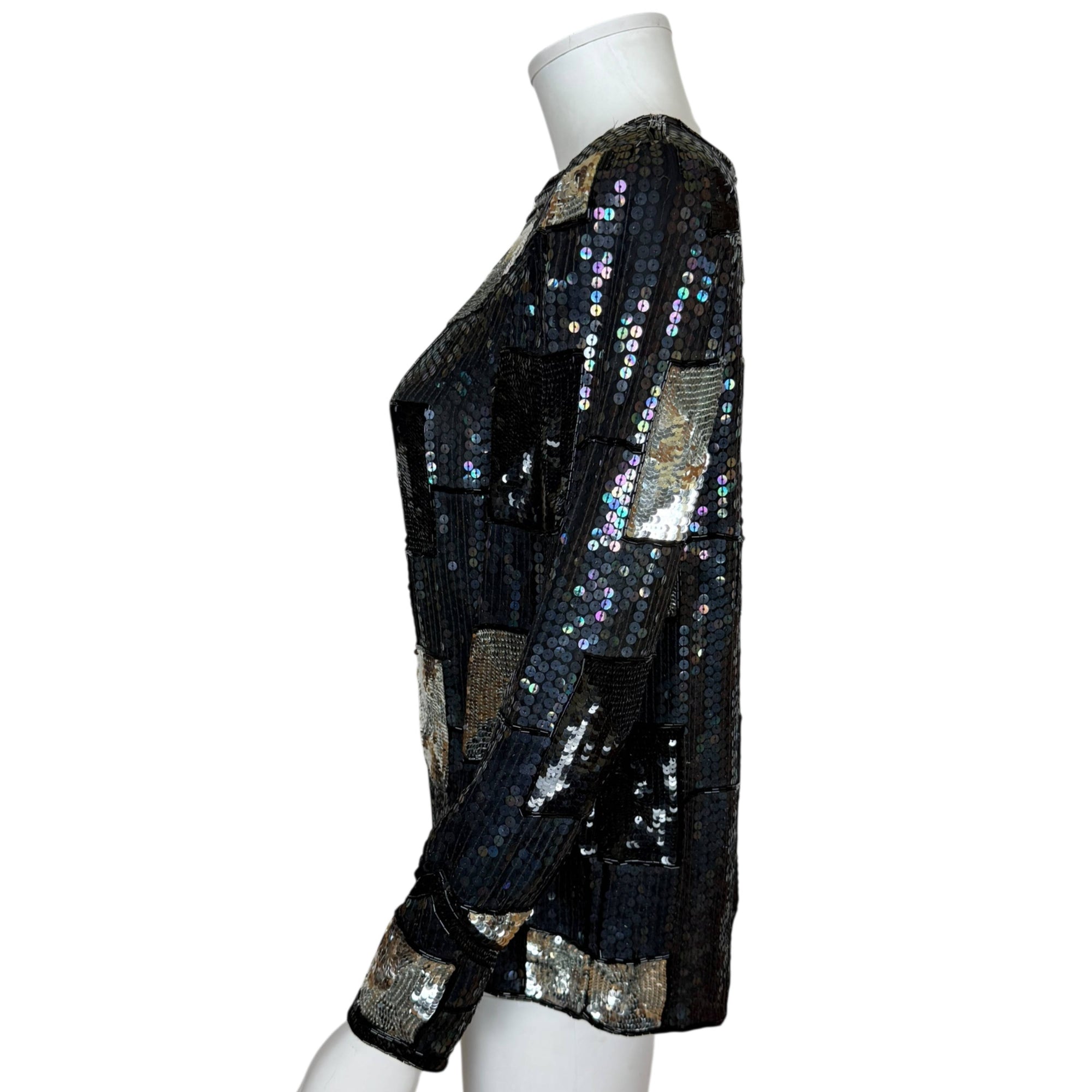 Vintage Judith Ann Creations Sequin Patchwork Top Pure Silk Black & Silver Size M