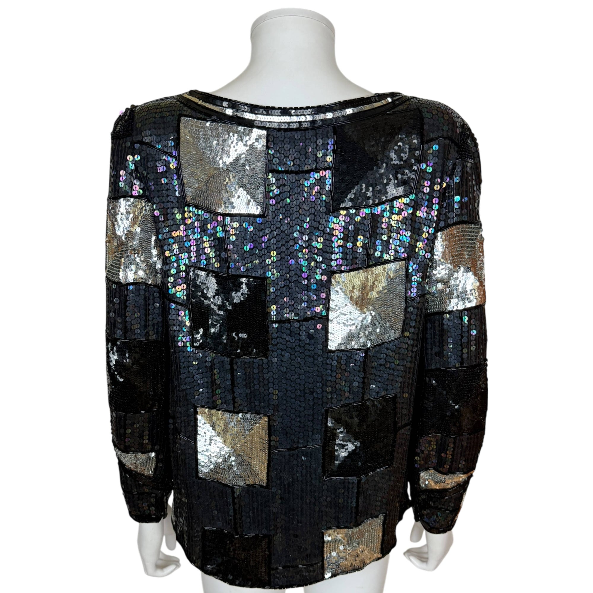 Vintage Judith Ann Creations Sequin Patchwork Top Pure Silk Black & Silver Size M