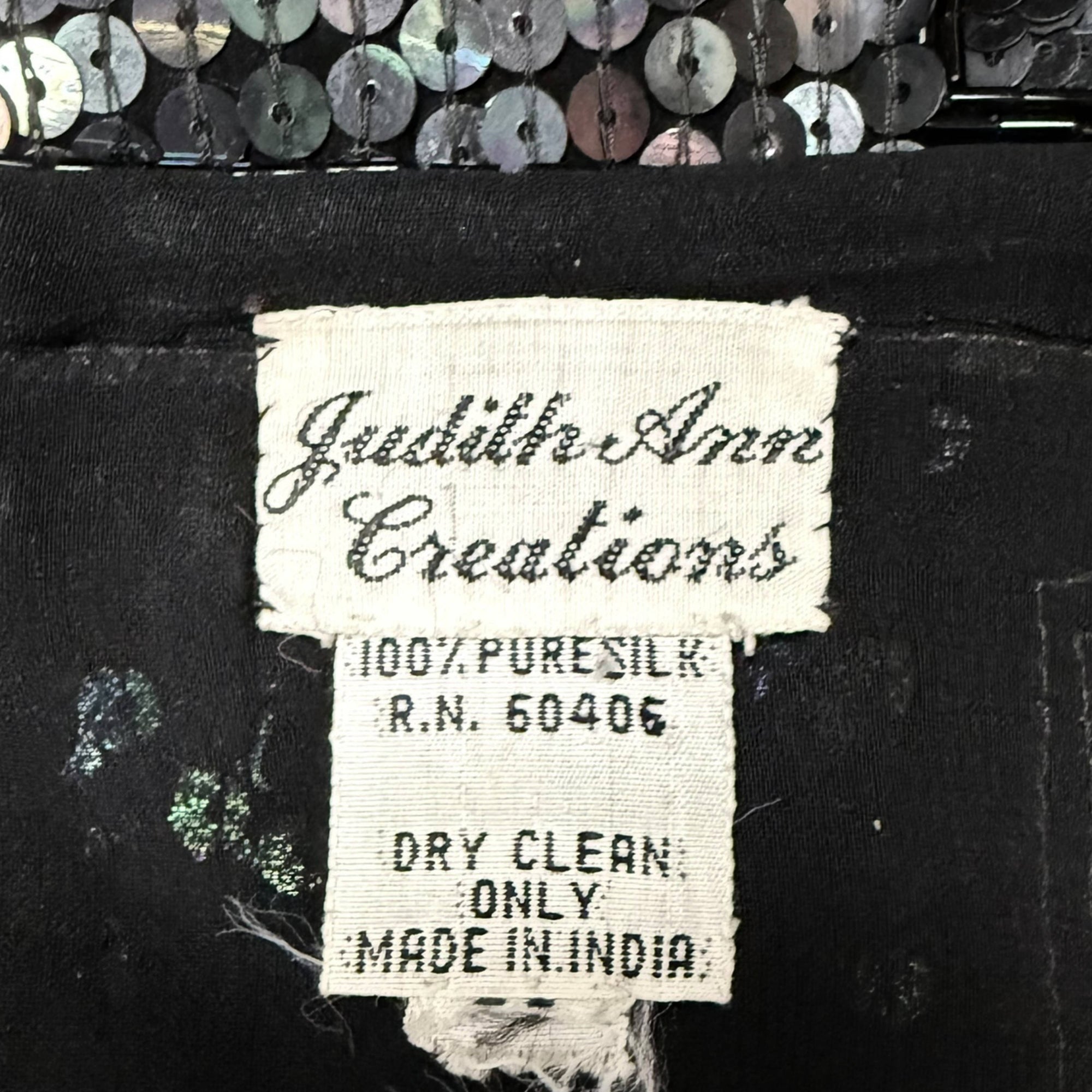 Vintage Judith Ann Creations Sequin Patchwork Top Pure Silk Black & Silver Size M