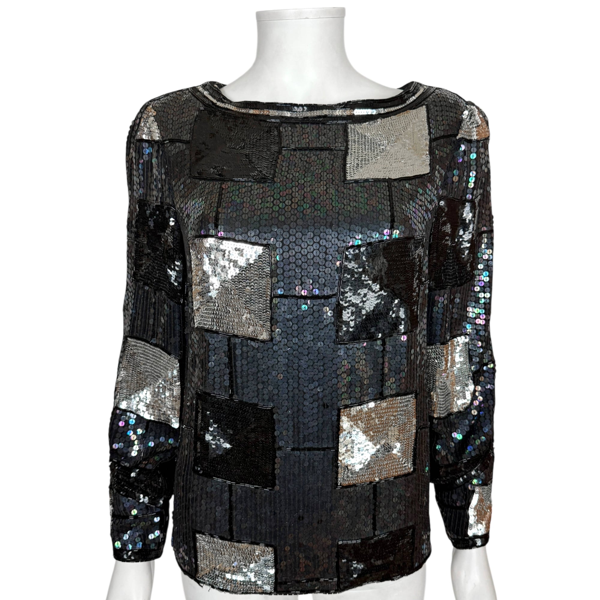 Vintage Judith Ann Creations Sequin Patchwork Top Pure Silk Black & Silver Size M
