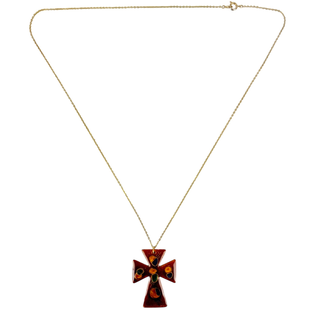 1960s Enamel on Copper Cross Pendant Necklace Jules Perrier