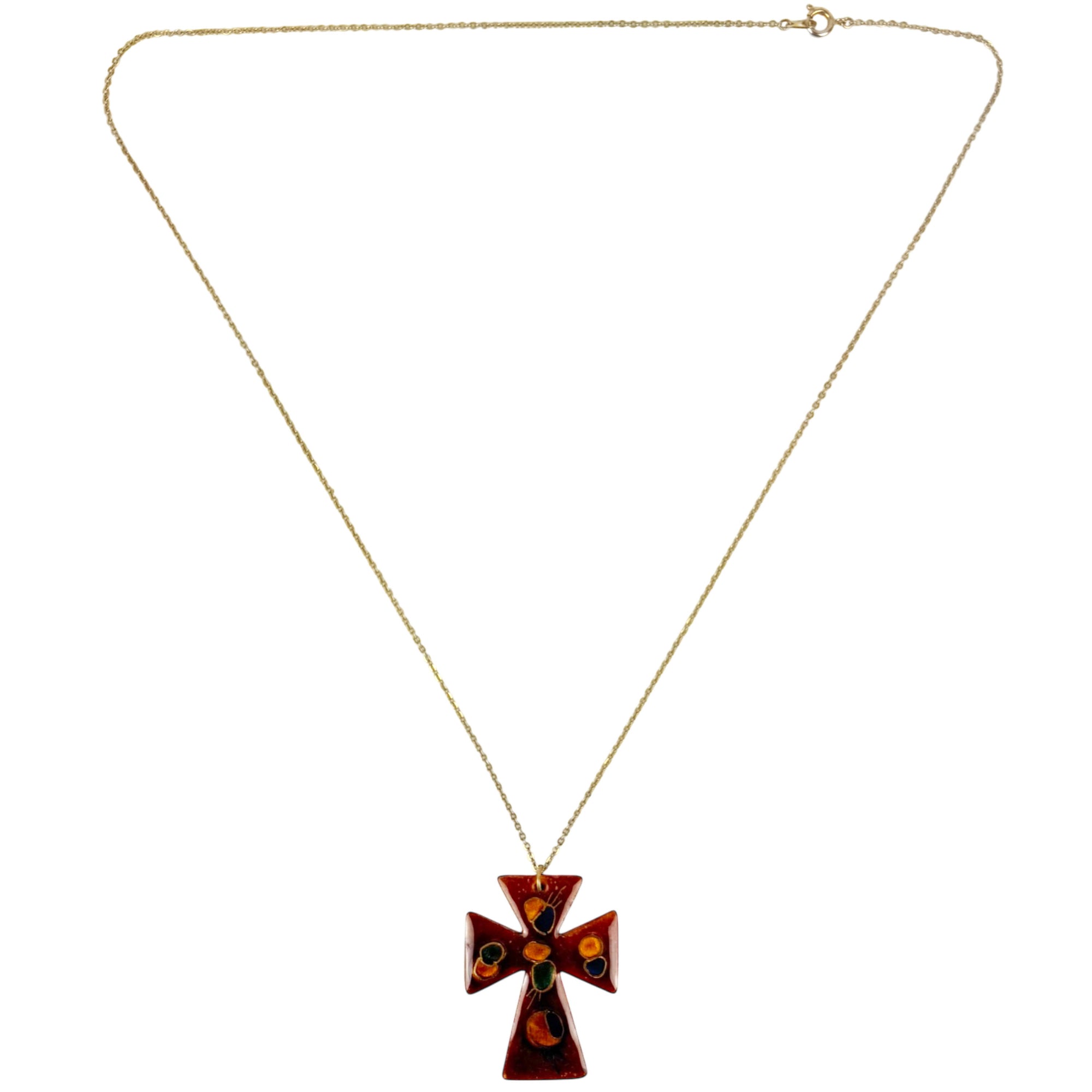 1960s Enamel on Copper Cross Pendant Necklace Jules Perrier
