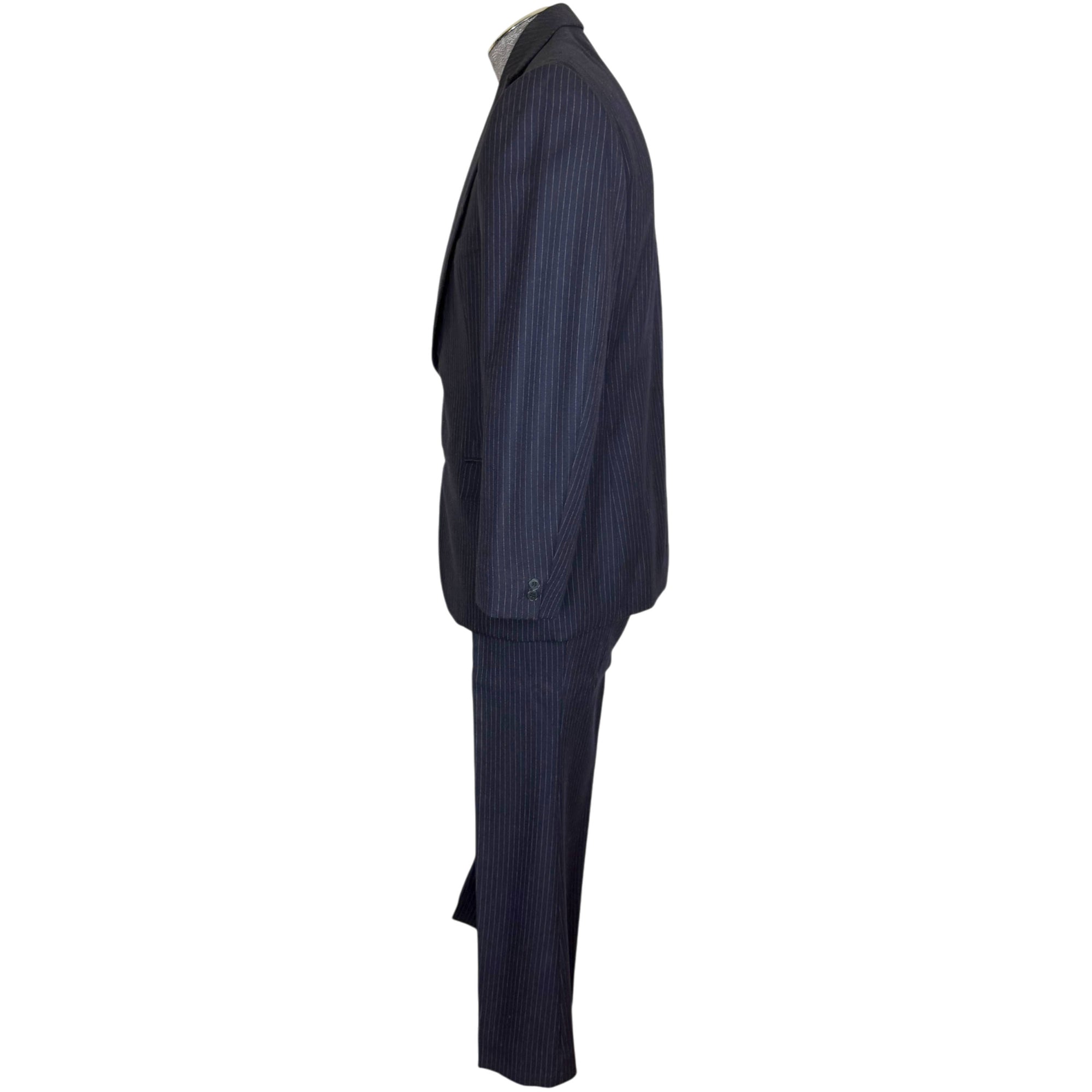 1970s navy pinstripe men's suit side profile