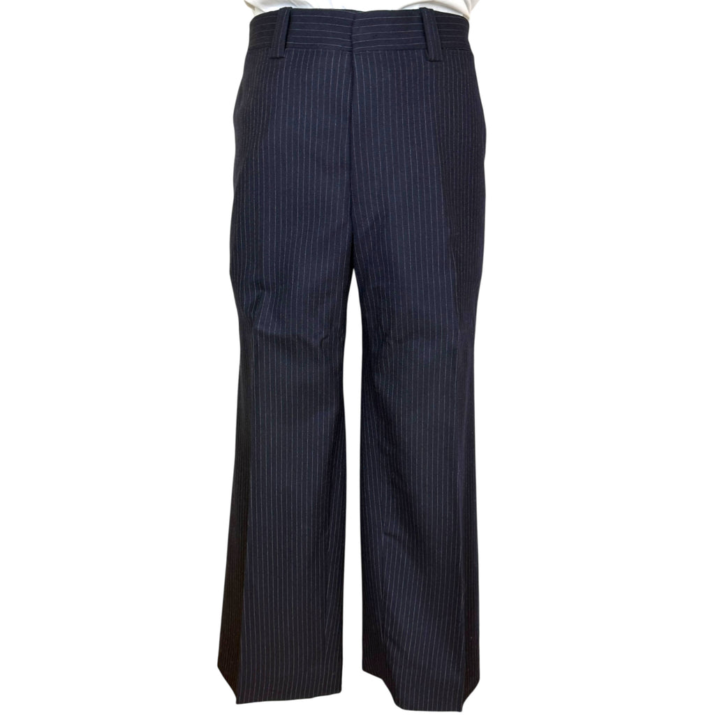 1970s navy pinstripe flared trousers front view
