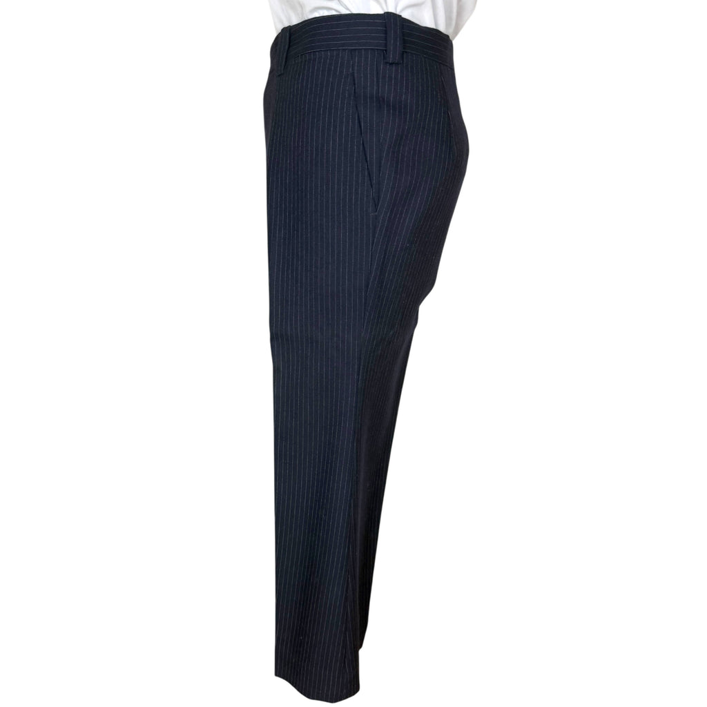 side view of 1970s navy pinstripe flared trousers 
