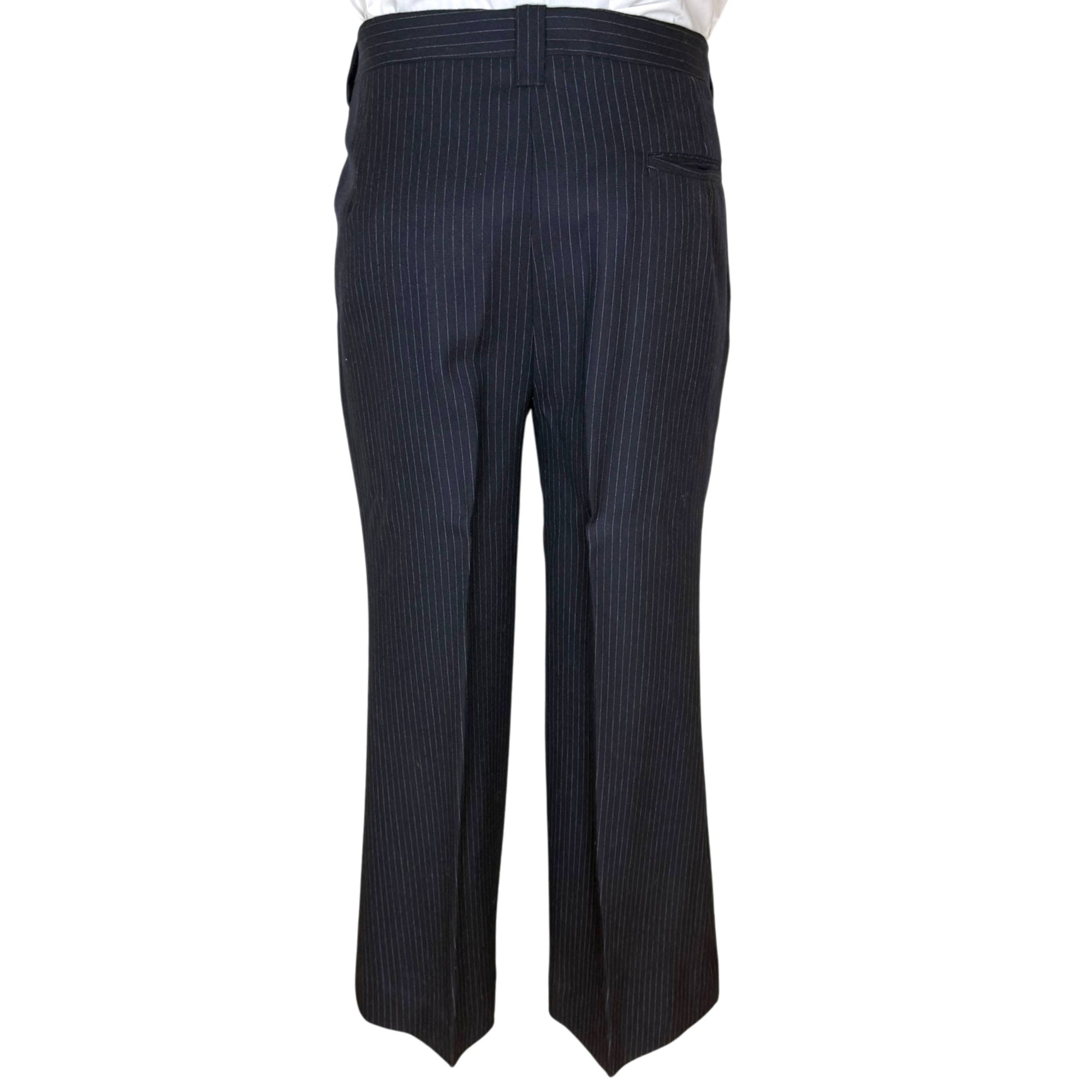 1970s navy pinstripe flared trousers back view