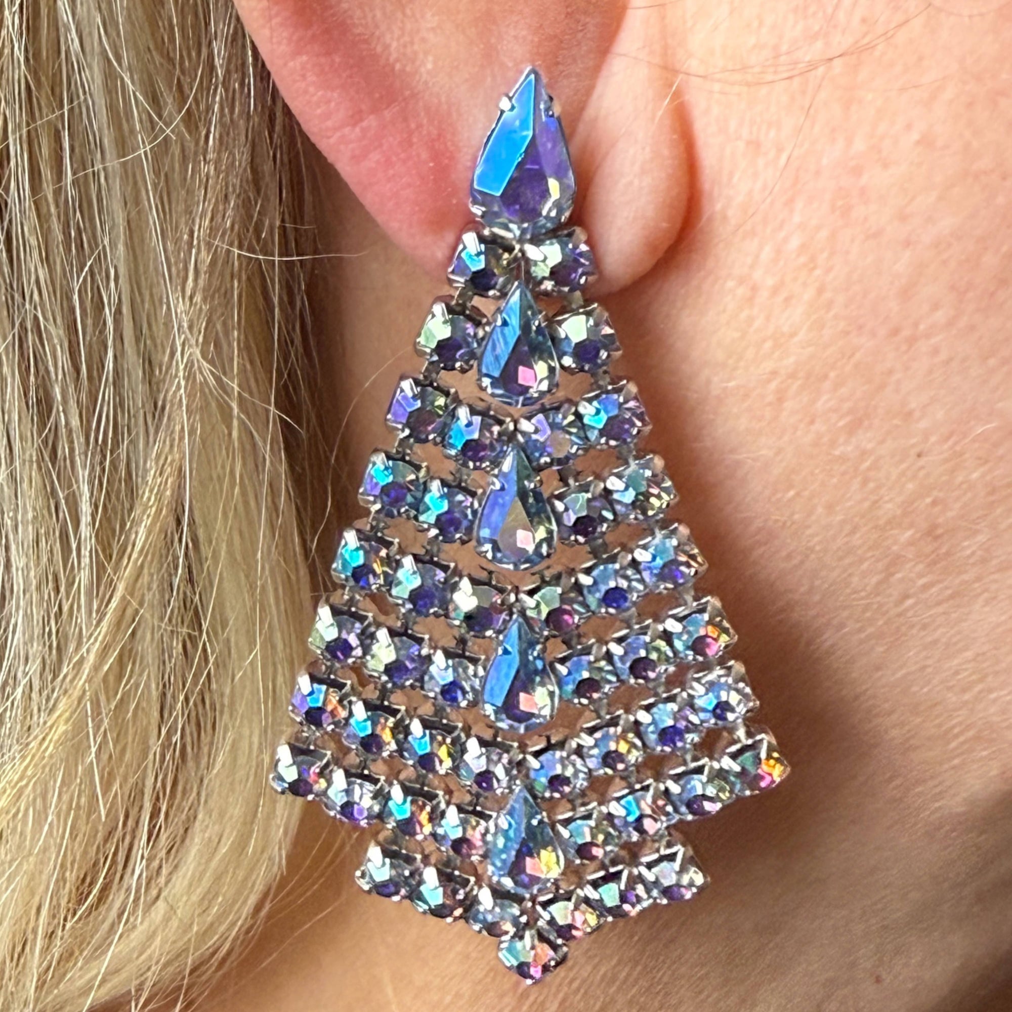 Vintage 1960s Rhinestone Earrings by Keyes Large Dangles 3”